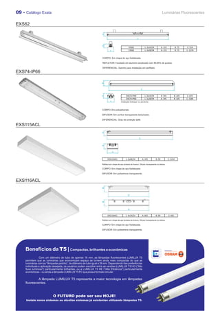 09 - Catálogo Exata                                                                                                                           Luminárias Fluorescentes


EXS62




                                                                                                    EXS61               L: 2x14/24           A: 115             B: 72   C: 514
                                                                                                    EXS62               L: 2x28/54           A: 115             B: 72   C: 1174


                                                                      CORPO: Em chapa de aço fosfatizada.

                                                                      REFLETOR: Facetado em alumínio anodizado com 99,85% de pureza.

                                                                      DIFERENCIAL: Gancho para instalação em perfilado.
EXS74-IP66




                                                                                                 EXS73-IP66            L: 2x14/24            A: 145         B: 105      C: 675
                                                                                                 EXS74-IP66            L: 2x28/54            A: 145         B: 105      C: 1285
                                                                                           Instalação Sobrepor ou pendente.



                                                                      CORPO: Em policarbonato

                                                                      DIFUSOR: Em acrílico transparente texturizado.

                                                                      DIFERENCIAL: Grau de proteção Ip66.

EXS115ACL




                                                                           EXS115ACL             L: 2x28/54         A: 195           B: 90            C: 1214

                                                                     Refletor em chapa de aço pintada de branco. Difusor transparente ou leitoso.

                                                                      CORPO: Em chapa de aço fosfatizada.

                                                                      DIFUSOR: Em poliestireno transparente.


EXS116ACL




                                                                           EXS116ACL             L: 4x14/24         A: 601           B: 90            C: 601

                                                                     Refletor em chapa de aço pintada de branco. Difusor transparente ou leitoso.

                                                                      CORPO: Em chapa de aço fosfatizada.

                                                                      DIFUSOR: Em poliestireno transparente.




     Benefícios da T5 | Compactas, brilhantes e econômicas
                 Com um diâmetro de tubo de apenas 16 mm, as lâmpadas fluorescentes LUMILUX T5
     permitem que as luminárias que economizam espaço se tornem ainda mais compactas do que as
     luminárias com as “lâmpadas padrão”, de diâmetro de tubo igual a 26 mm. Dependendo das preferências
     individuais e aplicação desejada, os usuários podem escolher entre as versões LUMILUX T5 HO ("Alto
     fluxo luminoso") particularmente brilhantes, ou a LUMILUX T5 HE ("Alta Eficiência") particularmente
     econômicas – ou ainda a lâmpada LUMILUX T5 FC que possui formato circular.

              A lâmpada LUMILUX T5 representa a maior tecnologia em lâmpadas
     fluorescentes.


                            O FUTURO pode ser seu HOJE!
     Instale novos sistemas ou atualize sistemas já existentes utilizando lâmpadas T5.
 