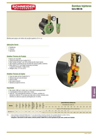 Bombas Injetoras
Série MBI-98

Bomba para poços com altura de sucção superior a 8 m c.a.

Aplicações Gerais
• Residências
• Chácaras
• Agricultura

Detalhes Técnicos do Produto
•
•
•
•
•

Bocais com rosca BSP
Caracol da bomba de ferro fundido GG-20
Rotor fechado de Noryl®, com 30% de fibra de vidro (maior dureza)
Selo mecânico constituído de aço inox AISI-304, buna N, grafite e cerâmica
Motor elétrico IP-21 com flange incorporada, termostato
e capacitor permanente, 2 Polos, 60 Hz
• Voltagem única: 127 V ou 220 V

Detalhes Técnicos do Injetor
•
•
•
•
•

Corpo do injetor de ferro fundido GG-15
Válvula de pé com crivo de bronze
Venturi de ABS
Bico injetor de Noryl®,
Diâmetro do injetor I0: 69 mm

H - Injetoras

Importante

Ø Recalque
(pol)

Ø Retorno
(pol)

Pressão mínima para
a vazão indicada
(m c.a.)

Recalque máximo
(m c.a.)

Ø Rotor
(mm)

1/2

x

1

3/4

3/4

12

15

107

Submergência
(m)

Ø Sucção
(pol)

MBI-98 I0-15

Monofásico

Modelo

Potência
(cv)

• Não instale a MBI sem o injetor, pois o motor sofrerá superaquecimento.
• A submergência mínima do injetor é de 2 metros.
• Injetor I0 - Para submergências inferiores a 10 metros, considere um
decréscimo médio de 7% na vazão para cada metro a menos, tomando como
referência os valores de vazão da submergência de 10 metros.

CARACTERÍSTICAS HIDRÁULICAS
Profundidade até o injetor (m)
12

13

14

15

16

17
18
19
20
21
22
23
3/h válida para água a 25°C, ao nível do mar
Vazão em m

2

1,01

0,89

0,77

0,66

0,54

0,43

0,32

0,21

10

*

*

*

1,61

1,49

1,37

1,25

1,12

1,01

0,89

0,77

0,66

24

25

26

0,54

0,43

0,32

Obs.: – Dados hidráulicos conforme ISO 9906 anexo “A”, com motor de linha e frequência indicados. Para condições diferentes consulte a Fábrica.
– Para obter a altura manométrica total em m c.a., não deixe de considerar as perdas de carga por atrito da instalação.
– Obrigatório o aterramento do motor elétrico, conforme previsto na NBR 5410 ou norma equivalente do país onde o produto será instalado.

Revisão 00 - Maio/2011

 