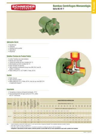 12/9/10 2:55 PM

Page 1

Bombas Centrífugas Monoestágio
Série BC-91 T

Aplicações Gerais
•
•
•
•
•

Residências
Chácaras
Abastecimento predial
Agricultura
Indústrias

Detalhes Técnicos do Produto Padrão
•
•
•
•
•
•

Linha T: bomba com intermediário
Bocais com rosca BSP
Caracol da bomba de ferro fundido GG-15
Intermediário de ferro fundido GG-15
Rotor fechado de alumínio
Selo mecânico constituído de aço inox AISI-304, buna N,
grafite e cerâmica
• Motor elétrico IP-21 JET PUMP, 2 Polos, 60 Hz

Opções
• Rotor: bronze
• Selo mecânico: Viton®
• Motor elétrico IP-55, 2 Polos, 60 Hz, eixo de aço inox AISI-316
e isolamento classe F

Importante

1

Altura máxima de
sucção (m c.a.)

13

8

83

7,5

7,0

6,6

6,1

5,6

5,0

4,5

3,8

3,1

2,3

92

8,2

7,9

7,5

7,1

6,7

6,3

5,9

5,4

4,8

4,3

3,6

1,8

CARACTERÍSTICAS HIDRÁULICAS
Ø Rotor
(mm)

Ø Recalque
(pol)

Ø Sucção
(pol)

Trifásico

1 1/4

x

Pressão máxima sem
vazão (m c.a.)

1/6

Monofásico

Modelo

Potência
(cv)

• Temperatura máxima do líquido bombeado: 70°C.
• Para bombeamento de água acima de 70°C, utilize
BC-91 T de Bronze

Altura Manométrica Total (m c.a.)
2

3

4

5

6

7

8

9

10

11

12

14

16

18

20

22

24

26

Vazão em m /h válida para sucção de 0 m c.a.
3

1 1/4

1

15

8

x

1 1/4

1

18

8

97

*

*

*

8,0

7,7

7,3

6,9

6,5

6,1

5,6

5,2

4,1

2,7

x

x

1 1/4

1

23

8

111

*

*

*

*

*

*

7,7

7,4

7,2

6,9

6,6

6,0

5,3

4,5

3,4

3/4

x

x

1 1/4

1

26

8

120

*

*

*

*

*

*

*

*

7,6

7,3

7,1

6,6

6,0

5,4

4,7

3,9

2,8

1

x

x

1 1/4

1

28

8

123

*

*

*

*

*

*

*

*

*

*

7,6

7,1

6,5

6,0

5,3

4,6

3,8 2,7

1/4

Obs.: –
–
–
–

1/3

x

1/2

BC-91 T

x

Dados hidráulicos conforme ISO 9906 anexo “A”, com motor de linha e frequência indicados. Para condições diferentes consulte a Fábrica.
Não utilize a bomba na faixa com asteriscos (*).
Para obter a altura manométrica total em m c.a., não deixe de considerar as perdas de carga por atrito da instalação.
Obrigatório o aterramento do motor elétrico, conforme previsto na norma NBR 5410 ou norma equivalente do país onde o produto será instalado.

Revisão 01 - Outubro/2010

A - Monoestágio

BC-91 T QUARK

 