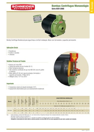 12/9/10 5:23 PM

Page 1

Bombas Centrífugas Monoestágio
Série BCR-2000

Bomba Centrífuga Residencial para água limpa e de fácil instalação. Motor com termostato e capacitor permanente.

Aplicações Gerais
• Residências
• Fontes e cascatas
• Chácaras

Detalhes Técnicos do Produto
•
•
•
•

Bocais com rosca BSP
Caracol da bomba de ferro fundido GG-15
Rotor fechado de alumínio
Selo mecânico constituído de aço inox AISI-304, buna N, grafite
e cerâmica
• Motor elétrico IP-00 com capa de proteção, termostato e
capacitor permanente, 2 Polos, 60 Hz
• Voltagem única: 127 V ou 220 V

Importante

Obs.: –
–
–
–

Altura máxima de
sucção (m c.a.)

18

8

106

3,5

3,4

3,2

3,1

2,9

2,7

2,6

2,4

2,2

2,0

1,7

1,5

1,2

0,8

3/4

20

8

113

*

*

3,6

3,5

3,3

3,2

3,0

2,9

2,7

2,5

2,3

2,1

1,9

1,7

1,4

1,1

0,7

x

3/4

3/4

22

8

115

*

*

*

4,1

3,9

3,7

3,6

3,4

3,2

3,0

2,8

2,5

2,3

2,1

1,8

1,6

1,3

CARACTERÍSTICAS HIDRÁULICAS
Ø Rotor
(mm)

Ø Recalque
(pol)
3/4

3/4

Ø Sucção
(pol)
3/4

x

Monofásico
x

1/3
1/2

BCR-2000

Potência
(cv)
1/4

Modelo

Pressão máxima sem
vazão (m c.a.)

• Temperatura máxima do líquido bombeado: 55°C.
• Equipamento desenvolvido para uso exclusivamente residencial.

Altura Manométrica Total (m c.a.)
2

3

4

5

6

7

8

9

10

11

12

13

14

15

16

17

18

19

20

1,0

0,6

Vazão em m /h válida para sucção de 0 m c.a.
3

Dados hidráulicos conforme ISO 9906 anexo “A”, com motor de linha e frequência indicados. Para condições diferentes consulte a Fábrica.
Não utilize a bomba na faixa com asteriscos (*).
Para obter a altura manométrica total em m c.a., não deixe de considerar as perdas de carga por atrito da instalação.
Obrigatório o aterramento do motor elétrico, conforme previsto na norma NBR 5410 ou norma equivalente do país onde o produto será instalado.

Revisão 01 - Outubro/2010

A - Monoestágio

BCR-2000 QUARK

 