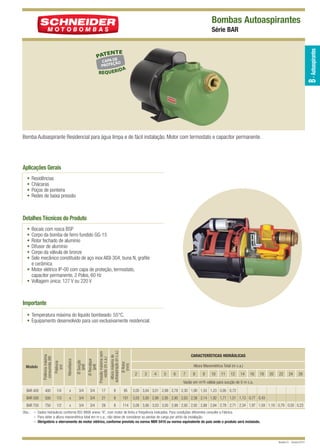 BAR QUARK

12/9/10 2:46 PM

Page 1

Bombas Autoaspirantes

B - Autoaspirantes

Série BAR

Bomba Autoaspirante Residencial para água limpa e de fácil instalação. Motor com termostato e capacitor permanente.

Aplicações Gerais
•
•
•
•

Residências
Chácaras
Poços de ponteira
Redes de baixa pressão

Detalhes Técnicos do Produto
•
•
•
•
•
•

Bocais com rosca BSP
Corpo da bomba de ferro fundido GG-15
Rotor fechado de alumínio
Difusor de alumínio
Corpo da válvula de bronze
Selo mecânico constituído de aço inox AISI-304, buna N, grafite
e cerâmica
• Motor elétrico IP-00 com capa de proteção, termostato,
capacitor permanente, 2 Polos, 60 Hz
• Voltagem única: 127 V ou 220 V

Importante

Altura máxima de
autoaspiração (m c.a.)

Ø Rotor
(mm)

3/4

3/4

17

8

95

3,05 3,04 3,01 2,99 2,78 2,30 1,90 1,55 1,23 0,95 0,72

BAR 500

500

1/3

x

3/4

3/4

21

8

101

3,03 3,00 2,98 2,95 2,90 2,63 2,38 2,14 1,92 1,71 1,51 1,13 0,77 0,43

BAR 750

750

1/2

x

3/4

3/4

28

8

114

3,08 3,06 3,03 3,00 2,98 2,95 2,92 2,88 2,84 2,78 2,71 2,34 1,97 1,59 1,19 0,79 0,50 0,23

Ø Recalque
(pol)

x

Ø Sucção
(pol)

1/4

Monofásico

400

Potência
(cv)

BAR 400

Modelo

Potência máxima
consumida (W)

Pressão máxima sem
vazão (m c.a.)

• Temperatura máxima do líquido bombeado: 55°C.
• Equipamento desenvolvido para uso exclusivamente residencial.

CARACTERÍSTICAS HIDRÁULICAS
Altura Manométrica Total (m c.a.)
2

3

4

5

6

7

8

9

10

11

12

14

16

18

20

22

24

26

Vazão em m /h válida para sucção de 0 m c.a.
3

Obs.: – Dados hidráulicos conforme ISO 9906 anexo “A”, com motor de linha e frequência indicados. Para condições diferentes consulte a Fábrica.
– Para obter a altura manométrica total em m c.a., não deixe de considerar as perdas de carga por atrito da instalação.
– Obrigatório o aterramento do motor elétrico, conforme previsto na norma NBR 5410 ou norma equivalente do país onde o produto será instalado.

Revisão 01 - Outubro/2010

 