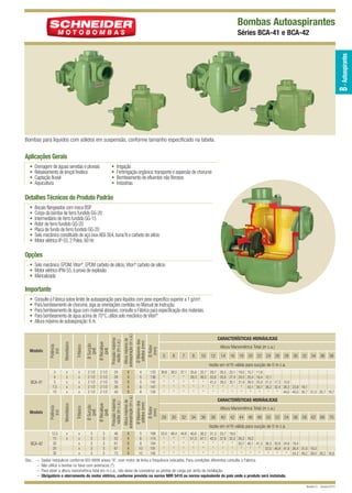 BCA-41-42 QUARK

12/15/10 8:05 AM

Page 1

Bombas Autoaspirantes

B - Autoaspirantes

Séries BCA-41 e BCA-42

Bombas para líquidos com sólidos em suspensão, conforme tamanho especificado na tabela.

Aplicações Gerais
•
•
•
•

Drenagem de águas servidas e pluviais
Rebaixamento de lençol freático
Captação fluvial
Aquicultura

•
•
•
•

Irrigação
Fertirrigação orgânica: transporte e aspersão de chorume
Bombeamento de efluentes não fibrosos
Indústrias

Detalhes Técnicos do Produto Padrão
•
•
•
•
•
•
•

Bocais flangeados com rosca BSP
Corpo da bomba de ferro fundido GG-20
Intermediário de ferro fundido GG-15
Rotor de ferro fundido GG-20
Placa de fundo de ferro fundido GG-20
Selo mecânico constituído de aço inox AISI-304, buna N e carbeto de silício
Motor elétrico IP-55, 2 Polos, 60 Hz

Opções
• Selo mecânico: EPDM, Viton®, EPDM carbeto de silício, Viton® carbeto de silício
• Motor elétrico IPW-55, à prova de explosão
• Mancalizada

Importante

Obs.: –
–
–
–

Ø Máximo dos
sólidos (mm)

6
6
6
6
6

4
5
5
6
8

Ø Máximo dos
sólidos (mm)

46
52
61
67
73

6
6
6
6
6

5
6
8
10
10

CARACTERÍSTICAS HIDRÁULICAS
Ø Rotor
(mm)

Altura máxima de
autoaspiração (m c.a.)

Altura Manométrica Total (m c.a.)
5

6

7

8

10

12

14

16 18 20 22 24 26 28 30 32 34 36 38

Vazão em m /h válida para sucção de 0 m c.a.
3

133
136
142
147
150

39,8 38,5 37,1 35,6 32,7 29,7 26,5 23,1 19,5 15,7 11,6
*
*
*
39,3 36,5 33,6 30,6 27,4 24,0 20,4 16,4 12,1
*
*
*
*
*
41,2 38,2 35,1 31,9 28,5 25,0 21,2 17,3 13,0
*
*
*
*
*
*
*
*
* 43,1 39,7 36,2 32,4 28,3 23,9 19,1
*
*
*
*
*
*
*
*
*
*
*
*
* 44,0 40,0 35,7 31,0 25,7 19,7

CARACTERÍSTICAS HIDRÁULICAS
Ø Rotor
(mm)

Ø Recalque
(pol)
Ø Recalque
(pol)
3
3
3
3
3

24
26
30
36
40

Altura máxima de
autoaspiração (m c.a.)

3
3
3
3
3

2 1/2
2 1/2
2 1/2
2 1/2
2 1/2

Pressão máxima
vazão (m c.a.)

x
x
x
x
x

Ø Sucção
(pol)

Trifásico

Monofásico
x
x

2 1/2
2 1/2
2 1/2
2 1/2
2 1/2

Pressão máxima
vazão (m c.a.)

BCA-42

12,5
15
20
25
30

x
x
x
x
x

Ø Sucção
(pol)

Modelo

x
x
x
x
x

Trifásico

BCA-41

3
4
5
7,5
10

Monofásico

Modelo

Potência
(cv)

Consulte a Fábrica sobre limite de autoaspiração para líquidos com peso específico superior a 1 g/cm3.
Para bombeamento de chorume, siga as orientações contidas no Manual de Instrução.
Para bombeamento de água com material abrasivo, consulte a Fábrica para especificação dos materiais.
Para bombeamento de água acima de 70°C, utilize selo mecânico de Viton®.
Altura máxima de autoaspiração: 6 m.

Potência
(cv)

•
•
•
•
•

Altura Manométrica Total (m c.a.)
28

30

32

34

36

38

40

42 44 46 48 50 52 54 56 58 62 66 70

Vazão em m /h válida para sucção de 0 m c.a.
3

169
174
184
191
195

52,0 48,4 44,6 40,6 36,2 31,3 25,7 19,0
*
*
*
51,3 47,1 42,5 37,6 32,2 26,2 19,2
*
*
*
*
*
*
*
* 50,7 46,1 41,3 36,3 30,8 24,9 18,4
*
*
*
*
*
*
*
*
*
*
* 52,0 46,9 41,8 36,4 31,0 19,3
*
*
*
*
*
*
*
*
*
*
*
*
*
* 54,2 49,2 39,0 28,2 16,8

Dados hidráulicos conforme ISO 9906 anexo “A”, com motor de linha e frequência indicados. Para condições diferentes consulte a Fábrica.
Não utilize a bomba na faixa com asteriscos (*).
Para obter a altura manométrica total em m c.a., não deixe de considerar as perdas de carga por atrito da instalação.
Obrigatório o aterramento do motor elétrico, conforme previsto na norma NBR 5410 ou norma equivalente do país onde o produto será instalado.
Revisão 01 - Outubro/2010

 