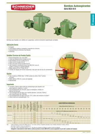 BCA-43 E QUARK

12/9/10 5:16 PM

Page 1

Bombas Autoaspirantes

B - Autoaspirantes

Série BCA-43 E

Bombas para líquidos com sólidos em suspensão, conforme tamanho especificado na tabela.

Aplicações Gerais
•
•
•
•

Irrigação
Fertirrigação orgânica: transporte e aspersão de chorume
Bombeamento de efluentes não fibrosos
Indústrias

Detalhes Técnicos do Produto Padrão
•
•
•
•
•
•

Bocais flangeados com rosca BSP
Corpo da bomba de ferro fundido GG-25
Intermediário de ferro fundido GG-20
Rotor de ferro fundido GG-20
Placa de fundo de ferro fundido GG-20
Selo mecânico constituído de aço inox AISI-304, buna N,
grafite e cerâmica ou gaxeta grafitada
• Motor elétrico IP-55, 2 Polos, 60 Hz
• Sentido de rotação anti-horário (esquerda), visto pelo lado de trás do acionamento.

Opções
• Selo mecânico: EPDM, Viton®, EPDM carbeto de silício, Viton® carbeto
de silício
• Motor elétrico: IPW-55, à prova de explosão
• Mancalizada

Importante

Obs.: –
–
–
–

Ø Recalque
(pol)

Pressão máxima sem
vazão (m c.a.)

Altura máxima de
autoaspiração (m c.a.)

Ø Máximo dos sólidos
(mm)

Ø Rotor
(mm)

x
x
x

Ø Sucção
(pol)

BCA-43 E B

x
x
x

Trifásico

BCA-43 E A

10
12,5
15
20
25
10
12,5
15
20
25

Monofásico

Modelo

Potência
(cv)

• Consulte a Fábrica sobre limite de autoaspiração para líquidos com
peso específico superior a 1 g/cm3.
• Para bombeamento de chorume, siga as orientações contidas no
Manual de Instrução.
• Para bombeamento de água com material abrasivo, consulte a Fábrica
para especificação dos materiais.
• Para bombeamento de água acima de 70°C, utilize selo mecânico de Viton®.
• Altura máxima de autoaspiração: 3 m.

x
x
x
x
x
x
x
x
x
x

4
4
4
4
4
4
4
4
4
4

3
3
3
3
3
3
3
3
3
3

39
48
60
75
90
27
36
48
57
66

3
3
3
3
3
3
3
3
3
3

5
5
5
5
5
10
10
10
10
10

145
164
185
195
218
125
143
156
173
180

CARACTERÍSTICAS HIDRÁULICAS
Altura Manométrica Total (m c.a.)
11

12

16

20

24

28

32

36

40

44

48

52

*
*
*
*
*
50,9
*
*
*
*

*
*
*
*
*
49,0
*
*
*
*

*
*
*
*
*
40,4
*
*
*
*

36,9
*
*
*
*
30,1
51,8
*
*
*

31,4
*
*
*
*

25,2
41,6
*
*
*

18,1
36,0
*
*
*

29,9
43,0
*
*

22,9
38,1
*
*

14,5
32,8
*
*

26,9
43,9
*

19,9
39,6
*

44,0
56,9
*
*

35,1
50,6
*
*

24,0
43,7
*
*

35,8
59,0
*

26,7
52,2
*

44,4
62,1

35,1
55,1

47,2

56

60

66

72

78

84

35,0
*

29,9
47,4

21,0
40,6

33,0

24,3

13,7

38,2

27,3

Vazão em m3/h válida para sucção de 0 m c.a.

Dados hidráulicos conforme ISO 9906 anexo “A”, com motor de linha e frequência indicados. Para condições diferentes consulte a Fábrica.
Não utilize a bomba na faixa com asteriscos (*).
Para obter a altura manométrica total em m c.a., não deixe de considerar as perdas de carga por atrito da instalação.
Obrigatório o aterramento do motor elétrico, conforme previsto na norma NBR 5410 ou norma equivalente do país onde o produto será instalado.
Revisão 01 - Outubro/2010

 