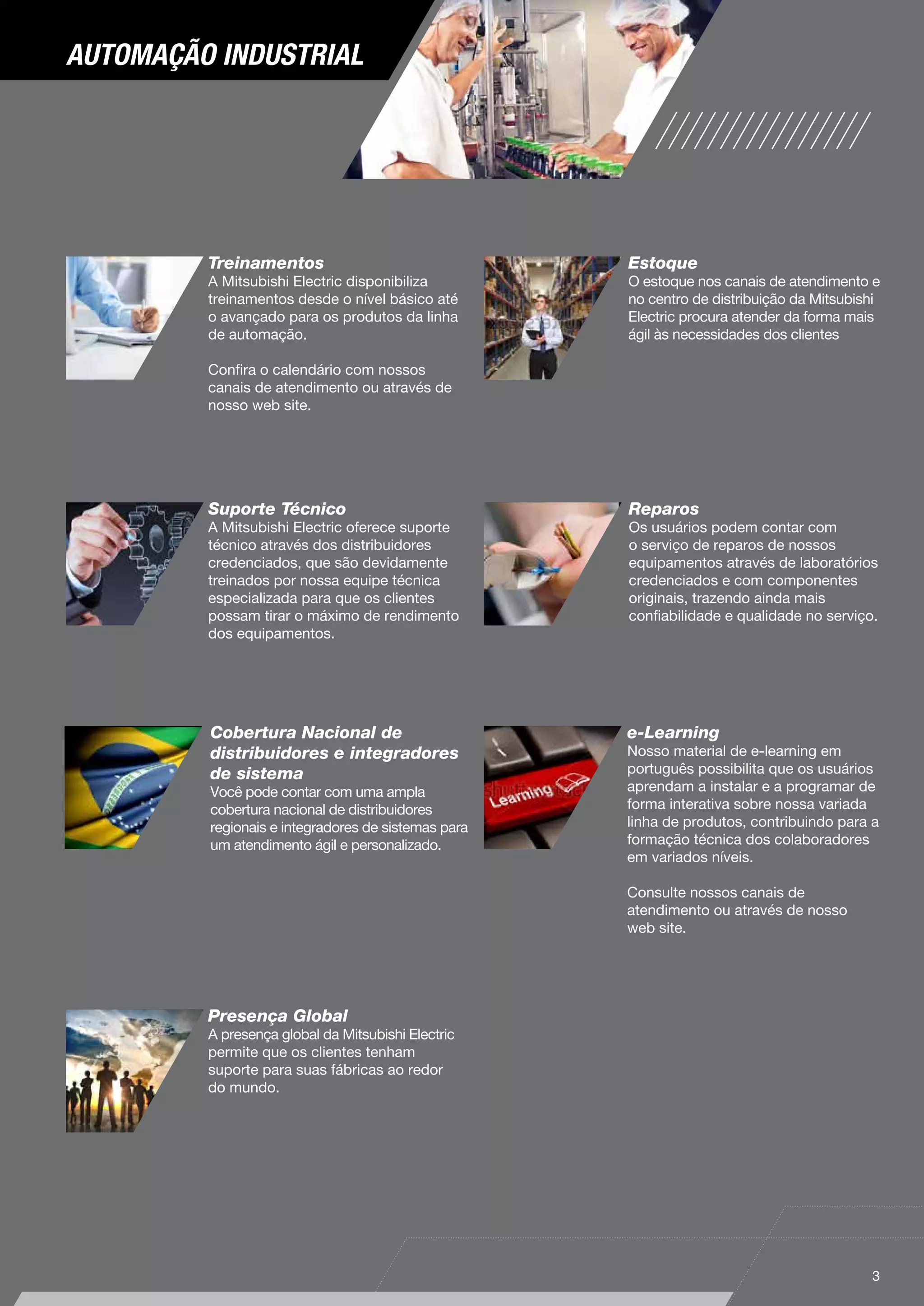 Com mais de 90 anos de história, a Mitsubishi Electric
é uma das líderes mundiais na fabricação e venda
de equipamentos elétricos e eletrônicos utilizados
em comunicações e processamento de informação,
desenvolvimento espacial e comunicação por satélites,
consumo residencial, tecnologia industrial, energia,
transportes e equipamentos prediais.
Energia e Sistemas Elétricos
Geradores de turbinas, geradores de
turbinas hidráulicas, equipamentos
de usina de energia nuclear, motores,
transformadores, disjuntores,
interruptores de isolamento de
gás, sistemas de controle de
segurança, dispositivos de exibição,
equipamentos para locomotivas
e material circulante, elevadores,
escadas rolantes, entre outros.
Sistemas de Informação e
Comunicação
Sistemas de comunicação com
ou sem fio, câmeras de vigilância,
equipamentos de comunicação via
satélite, satélites, radares, antenas,
sistemas de controle de incêndio,
equipamentos de transmissão de
dados, sistemas de segurança de
rede, entre outros.
Treinamentos
A Mitsubishi Electric disponibiliza
treinamentos desde o nível básico até
o avançado para os produtos da linha
de automação.
Confira o calendário com nossos
canais de atendimento ou através de
nosso web site.
e-Learning
Nosso material de e-learning em
português possibilita que os usuários
aprendam a instalar e a programar de
forma interativa sobre nossa variada
linha de produtos, contribuindo para a
formação técnica dos colaboradores
em variados níveis.
Consulte nossos canais de
atendimento ou através de nosso
web site.
Presença Global
A presença global da Mitsubishi Electric
permite que os clientes tenham
suporte para suas fábricas ao redor
do mundo.
Reparos
Os usuários podem contar com
o serviço de reparos de nossos
equipamentos através de laboratórios
credenciados e com componentes
originais, trazendo ainda mais
confiabilidade e qualidade no serviço.
Cobertura Nacional de
distribuidores e integradores
de sistema
Você pode contar com uma ampla
cobertura nacional de distribuidores
regionais e integradores de sistemas para
um atendimento ágil e personalizado.
Estoque
O estoque nos canais de atendimento e
no centro de distribuição da Mitsubishi
Electric procura atender da forma mais
ágil às necessidades dos clientes
Suporte Técnico
A Mitsubishi Electric oferece suporte
técnico através dos distribuidores
credenciados, que são devidamente
treinados por nossa equipe técnica
especializada para que os clientes
possam tirar o máximo de rendimento
dos equipamentos.
Dispositivos Eletrônicos
Módulos de potência, dispositivos
de alta frequência, dispositivos
ópticos, dispositivos de LCD,
microcomputadores, entre outros.
Equipamentos Residenciais
TVs LCD, projetores, gravadores
de Blu-ray, aparelhos de ar
condicionado, geladeiras,
ventiladores, sistemas fotovoltaicos,
sistemas de abastecimento de
água quente, lâmpadas LED e
fluorescentes, purificadores de ar,
panelas de arroz, fornos de micro-
ondas, entre outros.
Abrangendo o espírito da declaração
corporativa,“Changes for the Better”,
e sua declaração ambiental
“Eco Changes”, a Mitsubishi Electric
se empenha em ser uma companhia
com orientação ambiental,
enriquecendo a sociedade com
tecnologia. A companhia registrou
vendas consolidadas de 4.054,3
bilhões de ienes (US$ 39,3 bilhões*)
no ano fiscal terminado em
março de 2014, além de contar com
mais de 124 mil colaboradores.
Sistemas de Automação
Industrial
Controladores lógico programáveis,
inversores, servomotores,
IHMs, motores, guinchos,
chaves magnéticas, disjuntores,
transformadores de distribuição de
energia elétrica, UPS, ventiladores
industriais, máquinas de descarga
elétrica, máquinas de processamento
a laser, robôs industriais, entre outros.
Controladores
	 Controladores programáveis MELSEC
	 Rede CC-Link
	 Controlador ALPHA
	 Multimedidor
	 Motion Controllers
Acionamentos
	 Servos MELSERVO
	 Inversores FREQROL
Visualização
	 IHMs (Interface homem-máquina) GOT
	 Softwares de programação
Robôs industriais
	 Robôs industriais MELFA
4 ...........
6 ...........
7 ...........
7 ...........
8 ...........
9 ............
10 ..........
12 .........
14 .........
15 .........
Índice
Apresentação
automação industrial
3
 