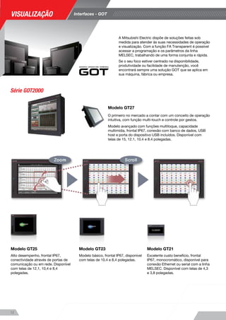 Modelo GT27
O primeiro no mercado a contar com um conceito de operação
intuitiva, com função multi-touch e controle por gestos.
Modelo avançado com funções multitoque, capacidade
multimídia, frontal IP67, conexão com banco de dados, USB
host e porta do dispositivo USB incluídos. Disponível com
telas de 15, 12.1, 10.4 e 8.4 polegadas.
Modelo GT25
Alto desempenho, frontal IP67,
conectividade através de portas de
comunicação ou em rede. Disponível
com telas de 12,1, 10,4 e 8,4
polegadas.
Modelo GT21
Excelente custo benefício, frontal
IP67, monocromático, disponível para
conexão Ethernet ou serial com a linha
MELSEC. Disponível com telas de 4,3
e 3,8 polegadas.
Modelo GT23
Modelo básico, frontal IP67, disponível
com telas de 10,4 e 8,4 polegadas.
O GT SoftGOT é o software da linha
GOT que disponibiliza funções de IHM
em computadores pessoais.
Este software se conecta com vários
tipos de equipamentos, tais como
CLPs Mitsubishi, e exibe quaisquer
telas exatamente como na série
GOT1000 e GOT2000.
A Mitsubishi Electric dispõe de soluções feitas sob
medida para atender às suas necessidades de operação
e visualização. Com a função FA Transparent é possível
acessar a programação e os parâmetros da linha
MELSEC, trabalhando de uma forma conjunta e rápida.
Se o seu foco estiver centrado na disponibilidade,
produtividade ou facilidade de manutenção, você
encontrará sempre uma solução GOT que se aplica em
sua máquina, fábrica ou empresa.
Modelo GT14
Modelo de 5,7 polegadas
com inúmeros recursos como
conectividade, datalogging e back-up
incorporados.
Modelo GT10
Modelos de entrada com funções
básicas, disponíveis com telas de 3,7,
4,5, 4,7 e 5,7 polegadas.
Série de IHMs econômicas com
frontal IP65, a linha GOT Simple
está disponível com telas de 7 e
10 polegadas, ambas WVGA com
resolução de 800x480 pontos.
Representa uma ótima alternativa para
os recém-chegados ao mundo da
visualização das máquinas.
GOT portátil
Terminal de operação portátil 5,7 e 6,5
polegadas.
Série GOT1000
Série GOT Simple
GT SoftGOT
1312
Interfaces - GOTVisualização
Série GOT2000
LANÇAMENTO
 