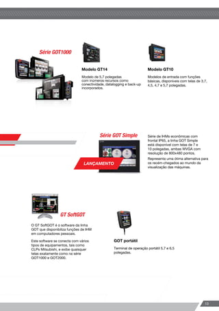 Modelo GT27
O primeiro no mercado a contar com um conceito de operação
intuitiva, com função multi-touch e controle por gestos.
Modelo avançado com funções multitoque, capacidade
multimídia, frontal IP67, conexão com banco de dados, USB
host e porta do dispositivo USB incluídos. Disponível com
telas de 15, 12.1, 10.4 e 8.4 polegadas.
Modelo GT25
Alto desempenho, frontal IP67,
conectividade através de portas de
comunicação ou em rede. Disponível
com telas de 12,1, 10,4 e 8,4
polegadas.
Modelo GT21
Excelente custo benefício, frontal
IP67, monocromático, disponível para
conexão Ethernet ou serial com a linha
MELSEC. Disponível com telas de 4,3
e 3,8 polegadas.
Modelo GT23
Modelo básico, frontal IP67, disponível
com telas de 10,4 e 8,4 polegadas.
O GT SoftGOT é o software da linha
GOT que disponibiliza funções de IHM
em computadores pessoais.
Este software se conecta com vários
tipos de equipamentos, tais como
CLPs Mitsubishi, e exibe quaisquer
telas exatamente como na série
GOT1000 e GOT2000.
A Mitsubishi Electric dispõe de soluções feitas sob
medida para atender às suas necessidades de operação
e visualização. Com a função FA Transparent é possível
acessar a programação e os parâmetros da linha
MELSEC, trabalhando de uma forma conjunta e rápida.
Se o seu foco estiver centrado na disponibilidade,
produtividade ou facilidade de manutenção, você
encontrará sempre uma solução GOT que se aplica em
sua máquina, fábrica ou empresa.
Modelo GT14
Modelo de 5,7 polegadas
com inúmeros recursos como
conectividade, datalogging e back-up
incorporados.
Modelo GT10
Modelos de entrada com funções
básicas, disponíveis com telas de 3,7,
4,5, 4,7 e 5,7 polegadas.
Série de IHMs econômicas com
frontal IP65, a linha GOT Simple
está disponível com telas de 7 e
10 polegadas, ambas WVGA com
resolução de 800x480 pontos.
Representa uma ótima alternativa para
os recém-chegados ao mundo da
visualização das máquinas.
GOT portátil
Terminal de operação portátil 5,7 e 6,5
polegadas.
Série GOT1000
Série GOT Simple
GT SoftGOT
1312
Interfaces - GOTVisualização
Série GOT2000
LANÇAMENTO
 