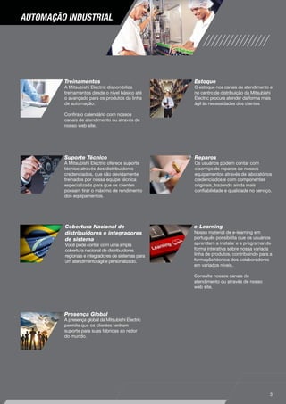 Com mais de 90 anos de história, a Mitsubishi Electric
é uma das líderes mundiais na fabricação e venda
de equipamentos elétricos e eletrônicos utilizados
em comunicações e processamento de informação,
desenvolvimento espacial e comunicação por satélites,
consumo residencial, tecnologia industrial, energia,
transportes e equipamentos prediais.
Energia e Sistemas Elétricos
Geradores de turbinas, geradores de
turbinas hidráulicas, equipamentos
de usina de energia nuclear, motores,
transformadores, disjuntores,
interruptores de isolamento de
gás, sistemas de controle de
segurança, dispositivos de exibição,
equipamentos para locomotivas
e material circulante, elevadores,
escadas rolantes, entre outros.
Sistemas de Informação e
Comunicação
Sistemas de comunicação com
ou sem fio, câmeras de vigilância,
equipamentos de comunicação via
satélite, satélites, radares, antenas,
sistemas de controle de incêndio,
equipamentos de transmissão de
dados, sistemas de segurança de
rede, entre outros.
Treinamentos
A Mitsubishi Electric disponibiliza
treinamentos desde o nível básico até
o avançado para os produtos da linha
de automação.
Confira o calendário com nossos
canais de atendimento ou através de
nosso web site.
e-Learning
Nosso material de e-learning em
português possibilita que os usuários
aprendam a instalar e a programar de
forma interativa sobre nossa variada
linha de produtos, contribuindo para a
formação técnica dos colaboradores
em variados níveis.
Consulte nossos canais de
atendimento ou através de nosso
web site.
Presença Global
A presença global da Mitsubishi Electric
permite que os clientes tenham
suporte para suas fábricas ao redor
do mundo.
Reparos
Os usuários podem contar com
o serviço de reparos de nossos
equipamentos através de laboratórios
credenciados e com componentes
originais, trazendo ainda mais
confiabilidade e qualidade no serviço.
Cobertura Nacional de
distribuidores e integradores
de sistema
Você pode contar com uma ampla
cobertura nacional de distribuidores
regionais e integradores de sistemas para
um atendimento ágil e personalizado.
Estoque
O estoque nos canais de atendimento e
no centro de distribuição da Mitsubishi
Electric procura atender da forma mais
ágil às necessidades dos clientes
Suporte Técnico
A Mitsubishi Electric oferece suporte
técnico através dos distribuidores
credenciados, que são devidamente
treinados por nossa equipe técnica
especializada para que os clientes
possam tirar o máximo de rendimento
dos equipamentos.
Dispositivos Eletrônicos
Módulos de potência, dispositivos
de alta frequência, dispositivos
ópticos, dispositivos de LCD,
microcomputadores, entre outros.
Equipamentos Residenciais
TVs LCD, projetores, gravadores
de Blu-ray, aparelhos de ar
condicionado, geladeiras,
ventiladores, sistemas fotovoltaicos,
sistemas de abastecimento de
água quente, lâmpadas LED e
fluorescentes, purificadores de ar,
panelas de arroz, fornos de micro-
ondas, entre outros.
Abrangendo o espírito da declaração
corporativa,“Changes for the Better”,
e sua declaração ambiental
“Eco Changes”, a Mitsubishi Electric
se empenha em ser uma companhia
com orientação ambiental,
enriquecendo a sociedade com
tecnologia. A companhia registrou
vendas consolidadas de 4.054,3
bilhões de ienes (US$ 39,3 bilhões*)
no ano fiscal terminado em
março de 2014, além de contar com
mais de 124 mil colaboradores.
Sistemas de Automação
Industrial
Controladores lógico programáveis,
inversores, servomotores,
IHMs, motores, guinchos,
chaves magnéticas, disjuntores,
transformadores de distribuição de
energia elétrica, UPS, ventiladores
industriais, máquinas de descarga
elétrica, máquinas de processamento
a laser, robôs industriais, entre outros.
Controladores
	 Controladores programáveis MELSEC
	 Rede CC-Link
	 Controlador ALPHA
	 Multimedidor
	 Motion Controllers
Acionamentos
	 Servos MELSERVO
	 Inversores FREQROL
Visualização
	 IHMs (Interface homem-máquina) GOT
	 Softwares de programação
Robôs industriais
	 Robôs industriais MELFA
4 ...........
6 ...........
7 ...........
7 ...........
8 ...........
9 ............
10 ..........
12 .........
14 .........
15 .........
Índice
Apresentação
automação industrial
3
 