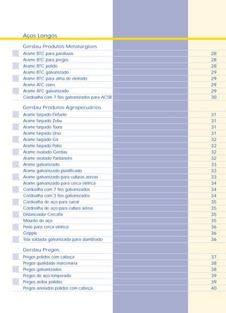 Aços Longos
Gerdau Produtos Metalúrgicos
Gerdau Produtos Agropecuários
Gerdau Pregos
Arame BTC para parafusos
Arame BTC para pregos
Arame BTC polido
Arame BTC galvanizado
Arame BTC para alma de eletrodo
Arame ATC claro
Arame ATC galvanizado
Cordoalha com 7 fios galvanizados para ACSR
Arame farpado Elefante
Arame farpado Zebu
Arame farpado Touro
Arame farpado Urso
Arame farpado Gir
Arame farpado Potro
Arame ovalado Gerdau
Arame ovalado Pantaneiro
Arame galvanizado
Arame galvanizado plastificado
Arame galvanizado para culturas aéreas
Arame galvanizado para cerca elétrica
Cordoalha com 7 fios galvanizados
Cordoalha com 3 fios galvanizados
Cordoalha de aço para curral
Cordoalha de aço para cultura aérea
Distanciador Cercafix
Mourão de aço
Poste para cerca elétrica
Gripple
Tela soldada galvanizada para alambrado
Pregos polidos com cabeça
Pregos qualidade marcenaria
Pregos galvanizados
Pregos de aço temperado
Pregos ardox polidos
Pregos anelados polidos com cabeça
28
28
28
29
29
29
29
30
31
31
31
31
32
32
32
32
33
33
33
34
34
34
35
35
35
35
36
36
36
37
38
38
39
39
40
 