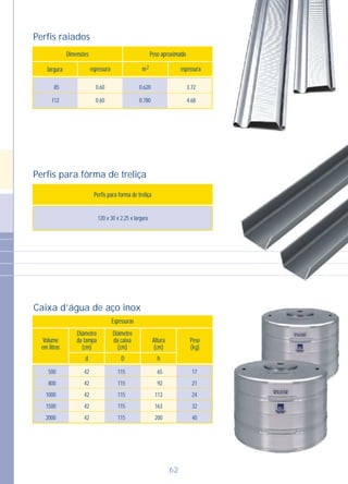 62
Perfis para fôrma de treliça
Perfis para forma de treliça
120 x 30 x 2,25 x largura
Perfis raiados
Dimensões Peso aproximado
largura espessura espessura
0.620
0.780
3.72
4.68
0.60
0.60
85
112
2m
Caixa d’água de aço inox
500
800
1000
1500
2000
42
42
42
42
42
115
115
115
115
115
65
92
113
163
200
17
21
24
32
40
Espessuras
Diâmetro
da tampa
(cm)
Diâmetro
da caixa
(cm)
Altura
(cm)
Peso
(kg)
Volume
em litros
d D h
 