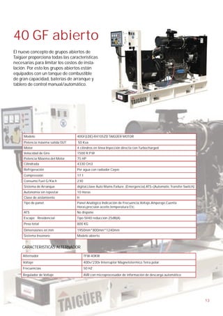 40 GF abierto
El nuevo concepto de grupos abiertos de
Taigüer proporciona todas las características
necesarias para limitar los costos de insta-
lación. Por esto los grupos abiertos están
equipados con un tanque de combustible
de gran capacidad, baterías de arranque y
tablero de control manual/automático.




     Modelo                       40GF(LDE)-R4105ZD TAIGÜER MOTOR
     Potencia máxima salida OUT   50 Kva
     Motor                        4 cilindros en linea Inyección directa con Turbocharged
     Velocidad de Giro            1500 R.P.M
     Potencia Máxima del Motor    75 HP
     Cilindrada                   4330 Cm3
     Refrigeración                Por agua con radiador Cayvo
     Compressión                  17:1
     Consumo Fuel G/Kw.h          230
     Sistema de Arranque          digital,Llave Auto Mains Failure. (Emergencia) ATS=(Automatic Transfer Switch)
     Autonomía sin repostar       10 Horas
     Clase de aislamiento         H
     Tipo de panel:               Panel Analógico Indicación de Frecuencia,Voltaje,Amperaje,Cuenta
                                  Horas,precsion aceite,temperatura Etc.
     ATS                          No dispone
     Escape Residencial           Tipo SV40 reducción 25dB(A)
     Peso total                   800 KG
     Dimensiones en mm            1950mm*800mm*1240mm
     Sistema Insonoro:            Modelo abierto


    CARACTERISTICAS ALTERNADOR

     Alternador                         TFW-40KW
     Voltaje                            400v/230v Interruptor Magnetotermico Tetra polar
     Frecuencias                        50 HZ
     Regulador de Voltaje               AVR con microprocesador de información de descarga automático




                                                                                                                   13
 