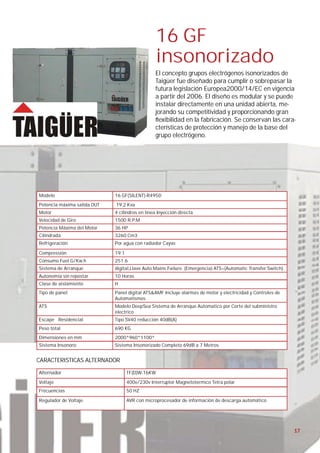 16 GF
                                                insonorizado
                                                El concepto grupos electrógenos isonorizados de
                                                Taigüer fue diseñado para cumplir o sobrepasar la
                                                futura legislación Europea2000/14/EC en vigencia
                                                a partir del 2006. El diseño es modular y se puede
                                                instalar directamente en una unidad abierta, me-
                                                jorando su competitividad y proporcionando gran
                                                 exibilidad en la fabricación. Se conservan las cara-
                                                cterísticas de protección y manejo de la base del
                                                grupo electrógeno.




Modelo                       16 GF(SILENT)-R495D
Potencia máxima salida OUT   19,2 Kva
Motor                        4 cilindros en linea Inyección directa
Velocidad de Giro            1500 R.P.M
Potencia Máxima del Motor    36 HP
Cilindrada                   3260 Cm3
Refrigeración                Por agua con radiador Cayvo

Compressión                  19:1
Consumo Fuel G/Kw.h          251.6
Sistema de Arranque          digital,Llave Auto Mains Failure. (Emergencia) ATS=(Automatic Transfer Switch)
Autonomía sin repostar       10 Horas
Clase de aislamiento         H
Tipo de panel:               Panel digital ATS&AMF Incluye alarmas de motor y electricidad y Controles de
                             Automatismos
ATS                          Modelo DeepSea Sistema de Arranque Automatico por Corte del subministro
                             electrico
Escape Residencial           Tipo SV40 reducción 40dB(A)
Peso total                   690 KG
Dimensiones en mm            2000*960*1100*
Sistema Insonoro:            Sistema Insonorizado Completo 69dB a 7 Metros


CARACTERISTICAS ALTERNADOR

Alternador                          TF(D)W-16KW
Voltaje                             400v/230v Interruptor Magnetotermico Tetra polar
Frecuencias                         50 HZ

Regulador de Voltaje                AVR con microprocesador de información de descarga automático




                                                                                                              17
 