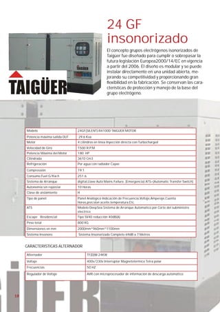 24 GF
                                                      insonorizado
                                                      El concepto grupos electrógenos isonorizados de
                                                      Taigüer fue diseñado para cumplir o sobrepasar la
                                                      futura legislación Europea2000/14/EC en vigencia
                                                      a partir del 2006. El diseño es modular y se puede
                                                      instalar directamente en una unidad abierta, me-
                                                      jorando su competitividad y proporcionando gran
                                                       exibilidad en la fabricación. Se conservan las cara-
                                                      cterísticas de protección y manejo de la base del
                                                      grupo electrógeno.




     Modelo                       24GF(SILENT)-R4100D TAIGÜER MOTOR
     Potencia máxima salida OUT   29.6 Kva
     Motor                        4 cilindros en linea Inyección directa con Turbocharged
     Velocidad de Giro            1500 R.P.M
     Potencia Máxima del Motor    180 HP
     Cilindrada                   3610 Cm3
     Refrigeración                Por agua con radiador Cayvo
     Compressión                  19:1
     Consumo Fuel G/Kw.h          251.6
     Sistema de Arranque          digital,Llave Auto Mains Failure. (Emergencia) ATS=(Automatic Transfer Switch)
     Autonomía sin repostar       10 Horas
     Clase de aislamiento         H
     Tipo de panel:               Panel Analógico Indicación de Frecuencia,Voltaje,Amperaje,Cuenta
                                  Horas,precsion aceite,temperatura Etc.
     ATS                          Modelo DeepSea Sistema de Arranque Automatico por Corte del subministro
                                  electrico
     Escape Residencial           Tipo SV40 reducción 40dB(A)
     Peso total                   800 KG
     Dimensiones en mm            2000mm*960mm*1100mm
     Sistema Insonoro:            Sistema Insonorizado Completo 69dB a 7 Metros


     CARACTERISTICAS ALTERNADOR

     Alternador                           TF(D)W-24KW
     Voltaje                              400v/230v Interruptor Magnetotermico Tetra polar
     Frecuencias                          50 HZ

     Regulador de Voltaje                 AVR con microprocesador de información de descarga automático




18
 