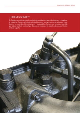 GRUPOS ELECTRÓGENOS TAIGÜER




¿QUIÉNES SOMOS?
En Taigüer nos dedicamos a la venta de generadores, grupos electrógenos y maquinar-
ia industrial. Nuestra principal actividad involucra a empresas constructoras e insta-
ladoras en viviendas, infraestructuras y obra pública. Somos una empresa repartida
por todo el territorio nacional que dispone de empresas de reparto y de servicio técnico
en toda España.




                                                                                                3
 