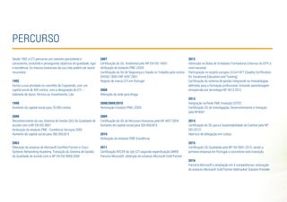 PERCURSO
Desde 1992 a GTI percorreu um caminho persistente e
consistente, evoluindo e perseguindo objetivos de qualidade, rigor
e excelência. Os marcos essenciais da sua vida podem ser assim
resumidos:
1992
Iniciou a sua atividade no concelho de Esposende, com um
capital social de 400 contos, com a designação de GTI –
Gabinete de Apoio Técnico ao Investimento, Lda.
1998
Aumento do capital social para 35.000 contos
2000
Reconhecimento do seu Sistema de Gestão (SG) da Qualidade de
acordo com a NP EN ISO 9001
Atribuição do estatuto PME - Excelência Serviços 2000
Aumento do capital social para 280.000,00 €
2003
Obtenção do estatuto de Microsoft Certified Partner e Cisco
Systems Networking Academy. Transição do Sistema de Gestão
da Qualidade de acordo com a NP EN ISO 9000:2000
2007
Certificação do SG. Ambiental pela NP EN ISO 14001
Atribuição do estatuto PME LÍDER
Certificação do SG de Segurança e Saúde no Trabalho pela norma
OHSAS 18001/NP 4397:2001
Registo da marca GTI em Portugal
2008
Alteração da sede para Braga
2008/2009/2010
Renovação Estatuto PME LÍDER
2009
Certificação do SG de Recursos Humanos pela NP 4427:2004
Aumento do capital social para 500.000,00 €
2010
Atribuição do estatuto PME Excelência
2011
Certificação APCER do site GTI segundo especificação QWEB
Parceria Microsoft: obtenção do estatuto Microsoft Gold Partner
2012
Admissão na Bolsa de Entidades Formadoras Externas do IEFP, a
nível nacional
Participação no projeto europeu Q-Cert-VET (Quality Certification
for Vocational Education and Training)
Certificação do sistema de gestão integrando as metodologias
definidas para a formação profissional, incluindo aprendizagem
enriquecida por tecnologia NP 4512:2012
2013
Integração na Rede PME Inovação COTEC
Certificação SG de Investigação, Desenvolvimento e Inovação
pela NP4457
2014
Certificação do SG para a Sustentabilidade de Eventos pela NP
ISO:20121
Abertura de delegação em Lisboa
2015
Certificação SG Qualidade pela NP ISO 9001:2015, sendo a
primeira empresa em Portugal a concretizar esta transição
2016
Parceria Microsoft e ampliação em 4 competências: renovação
do estatuto Microsoft Gold Partner Midmarket Solution Provider
 