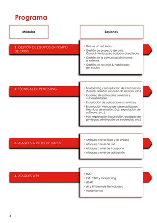 4
Programa
1. GESTIÓN DE EQUIPOS EN TIEMPO
DE CRISIS
2. TÉCNICAS DE PENTESTING
3. ATAQUES A REDES DE DATOS
• Ataques a nivel físico y de enlace
• Ataques a nivel de red
• Ataques a nivel de transporte
• Ataques a nivel de aplicación
Módulos Sesiones
• Footprinting y recopilación de información
(fuentes abiertas, escaneo de servicios, etc.)
• Escaneo de protocolos, servicios y
vulnerabilidades
• Explotación de aplicaciones y servicios
• Explotación manual de vulnerabilidades
(técnicas de evasión, DoS, explotación de
software, etc.)
• Post-explotación (ocultación, escalado de
privilegios, eliminación de evidencias, etc.)
• Qué es un red team
• Gestión de proyecto de crisis.
Conocimientos para trasladar al red team
• Gestión de la comunicación interna
 externa
• Gestión de recursos  habilidades
del equipo
4. ATAQUES WEB
• SQLi
• XSS, CSRF y clickjacking
• LDAP
• LFI y RFI (remote file inclusión)
• Herramientas
1. GESTIÓN DE EQUIPOS EN TIEMPO
DE CRISIS
2. TÉCNICAS DE PENTESTING
3. ATAQUES A REDES DE DATOS
• Ataques a nivel físico y de enlace
• Ataques a nivel de red
• Ataques a nivel de transporte
• Ataques a nivel de aplicación
Módulos Sesiones
• Footprinting y recopilación de información
(fuentes abiertas, escaneo de servicios, etc.)
• Escaneo de protocolos, servicios y
vulnerabilidades
• Explotación de aplicaciones y servicios
• Explotación manual de vulnerabilidades
(técnicas de evasión, DoS, explotación de
software, etc.)
• Post-explotación (ocultación, escalado de
privilegios, eliminación de evidencias, etc.)
• Qué es un red team
• Gestión de proyecto de crisis.
Conocimientos para trasladar al red team
• Gestión de la comunicación interna
 externa
• Gestión de recursos  habilidades
del equipo
4. ATAQUES WEB
• SQLi
• XSS, CSRF y clickjacking
• LDAP
• LFI y RFI (remote file inclusión)
• Herramientas
 