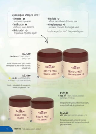 HINO’S FACE – Todos os passos para uma pele ideal
R$ 26,60
CÓD. 200 – HINO’S FACE CREME DE
LIMPEZA – 50G
Remove as impurezas sem agredir o manto
natural protetor da pele. Indicado para todos
os tipos de pele.
R$ 26,60
CÓD. 201 – HINO’S FACE CREME
HIDRATANTE E BASE – 50G (PELE SECA)
Hidrata e protege a pele do ressecamento.
Indicado para pele jovem e seca.
R$ 29,60
CÓD. 204 – HINO’S FACE COLÁGENO 25G
(NUTRIÇÃO – PELE SECA)
Ideal para manutenção da umidade natural da pele,
protegendo-a da ação de agentes externos.
R$ 28,00
CÓD. 207 – HINO’S FACE GELABRASIVO – 25G
Refina a textura da pele, removendo impurezas
externas ou internas. Indicado para todos os tipos de
pele – exceto acneica.
RR$$ 2299 60
31
HHHHHHHHHHHHINONOIINNO’S’S FACFACE –E TTodoododos oos oos ps passassosos pararpapaa a ua ua uummamamaamaaa ppelpppee e ie ie ie deaddead l
3
5
5 passos para uma pele ideal*:
– Limpeza
remove as impurezas
– Tonificação
contrai os poros dilatados
– Hidratação
proporciona equilíbrio à pele
1
2
3
– Nutrição
reforça o equilíbrio nutritivo da pele
– Complementos
auxilia na obtenção de uma pele ideal
*Escolha seu produto Hino’s Face para cada passo.
4
5
10
 