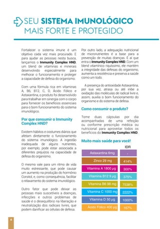 Fortalecer o sistema imune é um
objetivo cada vez mais procurado. E
para ajudar as pessoas nesta busca,
lançamos o Immunity Complex HND,
um blend de vitaminas e minerais
desenvolvido especialmente para
melhorar o funcionamento e proteger
a capacidade de defesa do organismo.
Com uma fórmula rica em vitaminas
A, B6, B12, C, D, Ácido Fólico e
Astaxantina, o produto foi desenvolvido
para trabalhar em sinergia com o corpo
para fornecer os benefícios essenciais
para o bom funcionamento do sistema
imunológico.
Por que consumir o Immunity
Complex HND?
Existem hábitos e costumes diários que
afetam diretamente o funcionamento
do sistema imunológico. A ingestão
inadequada de alguns nutrientes,
por exemplo, pode estar associada a
diferentes prejuízos na capacidade de
defesa do organismo.
O mesmo vale para um ritmo de vida
muito estressante, que pode causar
um aumento na produção do hormônio
Corsitol, e, como consequência, facilitar
o relaxamento do sistema imunológico.
Outro fator que pode deixar as
pessoas mais suscetíveis a doenças,
infecções e outros problemas de
saúde é o desequilíbrio na liberação e
neutralização dos radicais livres, que
podem danificar as células de defesa.
Por outro lado, a adequação nutricional
de micronutrientes é a base para a
prevenção de muitas doenças. É aí que
entra o Immunity Complex HND. Com um
blend vitamínico riquíssimo, ele mantém
a integridade das defesas do organismo,
aumenta a resistência e preserva a saúde
como um todo.
A presença do antioxidade Astaxantina,
por sua vez, atrasa ou até inibe a
oxidação das moléculas de radical livre e,
assim, auxilia o bom funcionamento do
organismo e do sistema de defesa.
Como consumir o produto?
Tome duas cápsulas por dia
acompanhadas de uma refeição
ou conforme prescrição médica ou
nutricional para aproveitar todos os
benefícios do Immunity Complex HND.
Muito mais saúde para você!
SEU SISTEMA IMUNOLÓGICO
MAIS FORTE E PROTEGIDO
8
-
414%
300%
375%
7538%
2222%
1000%
167%
IDR
 