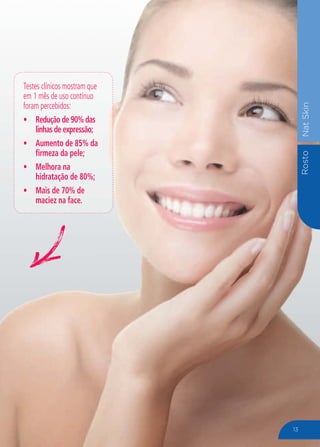 RostoNatSkin
Testes clínicos mostram que
em 1 mês de uso contínuo
foram percebidos:
Redução de 90% das
linhas de expressão;
Aumento de 85% da
firmeza da pele;
Melhora na
hidratação de 80%;
Mais de 70% de
maciez na face.
13
 