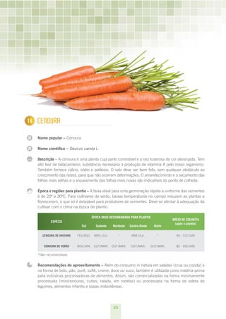 25
N
N
...
1 Cenoura
Nome popular – Cenoura
Nome científico – Daucus carota L.
Descrição – A cenoura é uma planta cuja parte comestível é a raiz tuberosa de cor alaranjada. Tem
alto teor de betacaroteno, substância necessária à produção de vitamina A pelo nosso organismo.
Também fornece cálcio, sódio e potássio. O solo deve ser bem fofo, sem qualquer obstáculo ao
crescimento das raízes, para que não ocorram deformações. O amarelecimento e o secamento das
folhas mais velhas e o arqueamento das folhas mais novas são indicativos do ponto de colheita.
Época e regiões para plantio – A faixa ideal para uma germinação rápida e uniforme das sementes
é de 20º a 30ºC. Para cultivares de verão, baixas temperaturas no campo induzem as plantas a
florescerem, o que só é desejável para produtores de sementes. Deve-se atentar à adequação da
cultivar com o clima na época de plantio.
ESPÉCIE
ÉPOCA MAIS RECOMENDADA PARA PLANTIO
INÍCIO DE COLHEITA
(após o plantio)
Sul Sudeste Nordeste Centro-Oeste Norte
Cenoura de inverno fev./ago. mar./jul. * abr./jul. * 90 - 110 dias
Cenoura de verão nov./jan. out./mar. out./mar. out./mar. out./mar. 85 - 100 dias
*Não recomendável.
Recomendações de aproveitamento – Além do consumo in natura em saladas (crua ou cozida) e
na forma de bolo, pão, purê, suflê, creme, doce ou suco, também é utilizada como matéria-prima
para indústrias processadoras de alimentos. Assim, são comercializadas na forma minimamente
processada (minicenouras, cubos, ralada, em rodelas) ou processada na forma de seleta de
legumes, alimentos infantis e sopas instantâneas.
18
 