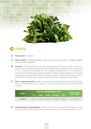 33
N
N
1
...
26 Espinafre
Nome popular – Espinafre
Nome científico – Spinacea oleracea L. (espinafre verdadeiro ou europeu) e Tetragonia expansa
(Espinafre da Nova Zelândia)
Descrição – Há duas hortaliças conhecidas como espinafre. O mais encontrado no Brasil é o
espinafre da Nova Zelândia, planta que produz grandes folhas carnosas de cor verde-escuro.
É rico em vitamina A, do complexo B e sais minerais, principalmente ferro. Recomenda-se a
semeadura em bandejas para posterior transplante. Também é possível enraizar os seus ramos
cortados pela base. Suas folhas devem ser colhidas antes que a planta emita o pendão e forme
flores. Podem ser feitos cortes sucessivos, os quais estimulam a produção de novas folhas.
Época e regiões para plantio – Pode ser cultivado numa ampla faixa de temperatura, mas produz
melhor sob temperaturas amenas (entre 15° e 25°C), com resistência ao calor. Não tolera frio
excessivo.
ESPÉCIE
ÉPOCA MAIS RECOMENDADA PARA PLANTIO
INÍCIO DE COLHEITA
(após o plantio)
Sul Sudeste Nordeste Centro-Oeste Norte
Espinafre fev/set Fev/set mar./ago. mar./ago. mar/mai 60 - 80 dias
Recomendações de aproveitamento – Pode ser consumido cru em saladas ou refogado, como a
couve, em sopas, cremes, molhos, tortas, omeletes e até em sucos. É comercializado em maços.
 