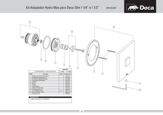 4916 SLIMKit Adaptador Hydra Max para Deca Slim 1 1/4” e 1 1/2”
1
2
3
4
5
6
7
8
9
10
A
B
C
Código Deca
-
-
-
-
-
-
-
-
-
-
-
-
4180.562
4124.858
4236.007
4900.C.SLI
4464.000
4180.522
4160.005
4232.014
4312.002
4162.020
4686.003
4180.008
4160.070
ITEM AC/DTDescrição
COMPONENTES / SUBCONJUNTOS Lc 00/00 Dc 00/00
4916.075
REPARO SLIM
PARAFUSO ACIONADOR
O’RING
MOLA
TAMPA
RETENTOR BILABIAL
PARAFUSO FIXAÇÃO CANOPLA
ANEL TAMPA
PARAFUSO DE FIXAÇÃO (*)
FLANGE ACABAMENTO SLIM
CHAVE ALLEN 3 mm
ACABAMENTO SLIM
SCJ. VOLANTE + ANEL
CR
OBSERVAÇÕES:
(*) NÃO ACOMPANHA O ACABAMENTO.
 