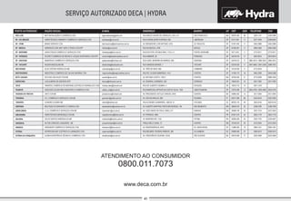 SERVIÇO AUTORIZADO DECA | HYDRA
www.deca.com.br
ATENDIMENTO AO CONSUMIDOR
0800.011.7073
POSTO AUTORIZADO RAZÃO SOCIAL E-MAIL CEPENDEREÇO BAIRRO UF DDD TELEFONE FAX
BGP INSTALAÇÕES E COMÉRCIO LTDA
HIDROTÉCNICA ITAMARATY COMÉRCIO E SERVIÇOS LTDA
BANHO SERVICE LTDA
HIDROIKOS COM. MAT. HIDR. E PISOS LTDA EPP
LINHA D’ÁGUA COMÉRCIO E SERVIÇOS LTDA
SCURETI COMÉRCIO DE METAIS E LOUÇAS SANITÁRIAS LTDA EPP
AMSERVICE COMÉRCIO E SERVIÇOS LTDA
NILSON MAZZOLANI ME
ALDO STEFANI HIDRÁULICA ME
INDÚSTRIA E COMÉRCIO DE CALHAS MAGRINI LTDA
SOS DAS VÁLVULAS LTDA ME
LUIZ ALMEIDA DE AZEVEDO EPP
HIDRATEC COMÉRCIO DE MATERIAL ELÉTRICO E HIDRÁULICO LTDA
CASA DAS CALHAS REIS INDÚSTRIA E COMÉRCIO LTDA
JAVÔ LTDA ME
G.C. COMÉRCIO E SERVIÇOS LTDA ME
LEANDRO OLEINIKI ME
BOUTIQUE DO BANHEIRO E COZINHA LTDA
L.C.A. COMÉRCIO E SERVIÇOS LTDA ME
HIDROTÉCNICA MENDONÇA LTDA ME
CELSO SANTOS INSDRAULICA ME
AILTON CARDOSO JUNQUEIRA - ME
HIDRASERV COMÉRCIO E SERVIÇOS LTDA
SUPERCASA MAT. ELÉTRICO E ILUMINAÇÃO LTDA
OLINDAASSISTÊNCIA TÉCNICA E COMÉRCIO LTDA
bgpinstalacoes@gmail.com
aclimacao@uol.com.br
banhoservice@banhoservice.com.br
hidroiko@uol.com.br
linhadagua@terra.com.br
comercial@assistenciadeca.com.br
paatsantana@hotmail.com
decahydra@decahydra.com
contrapingo@uol.com.br
magrinicalhas@magrinicalhas.com.br
sosvalv@uai.com.br
tecnica@hidracom.com.br
hidratec.tatui@hotmail.com
calhas_reis@uol.com.br
javoservicos@hotmail.com
gcomserv@yahoo.com.br
oleiniki@hotmail.com
decabatatinha@mednet.com.br
lcacomserv@uol.com.br
casadatorneira@ibest.com.br
insdraulica@brturbo.com.br
junqueiraimper@bol.com.br
hidraserv2@terra.com.br
supercasa3@terra.com.br
olindahydra@uol.com.br
65076-360
01511-001
01401-002
03165-001
05711-001
05018-010
02018-012
03316-020
18134-000
14160-170
35700-002
18043-001
18270-710
12010-490
45995-002
64017-280
88702-103
38020-070
38408-100
87501-310
95200-000
37018-010
13280-000
29090-600
45010-060
RUA INÁCIO XAVIER DE CARVALHO, 234 LJ 01
RUA CONSELHEIRO FURTADO, 903
AV. BRIGADEIRO LUÍS ANTONIO, 4725
RUA DA MOOCA, 2709
RUA DOUTOR LUÍS MIGLIANO, 1110 LJ 3
RUAAIMBERÊ, 36
RUA CONS. MOREIRA DE BARROS, 829
RUA VARGEM GRANDE, 7
AV. TRÊS DE MAIO, 968
RUA DR. OLIDAIR AMBRÓSIO, 1415
AV. ANTONIO OLINTO, 1169 C
AV. GENERAL CARNEIRO, 538
RUA DR. ALBERTO SEABRA, 4
RUA MARECHALARTHUR DA COSTA E SILVA, 1320
AV. PRESIDENTE GETÚLIO VARGAS, 4000
AV. ODILON ARAÚJO, 690
RUAALTAMIRO GUIMARÂES, 1669 SL 01
AV. ALBERTO MARTINS FONTOURA BORGES, 164
AV. JOÃO NAVES DE ÁVILA, 2600 LJ 01
AV. IPIRANGA, 4065
AV. MOREIRA PAZ, 1242
PRAÇA MELO VIANA, 72
AV. INDEPENDÊNCIA, 4819
RUA BELMIRO TEIXEIRA PIMENTA, 365
AV. CRESCÊNCIO SILVEIRA, 233-B
SÃO FRANCISCO
LIBERDADE
JD. PAULISTA
MOOCA
PORTAL MORUMBI
PERDIZES
SANTANA
TATUAPÉ
CAMBARÁ
CENTRO
CENTRO
CERRADO
ESTAÇÃO
JABOTICABEIRA
CENTRO
PIÇARRA
OFICINAS
SÃO BENEDITO
SARAIVA
CENTRO
FÁTIMA
CENTRO
JD. SANTA ROSA
JD.CAMBURI
SÃO VICENTE
MA
SP
SP
SP
SP
SP
SP
SP
SP
SP
MG
SP
SP
SP
BA
PI
SC
MG
MG
PR
RS
MG
SP
ES
BA
98
11
11
11
11
11
11
11
11
16
31
15
15
12
73
86
48
34
34
44
54
35
19
27
77
3235-1147
3277-3349
3052-2888
2692-2456
3773-8371
3872-6610
3892-3913 / 3892-3912
2941-8492 / 2941-2340
4712-2816
3942-3299
3773-6299
3221-7063
3251-1279
3632-4705 / 3632-4655
3011-3090
3223-8419
3632-8140
3338-2766
3237-1515
3623-1178
3232-1702
3212-2034
3826-1521
3026-5513
3422-2658
SÃO LUÍS
SP - ACLIMAÇÃO
SP - ITAIM
SP - MOOCA
SP - MORUMBI
SP - PERDIZES
SP - SANTANA
SP - TATUAPÉ
SÃO ROQUE
SERTÃOZINHO
SETE LAGOAS
SOROCABA
TATUÍ
TAUBATÉ
TEIXEIRA DE FREITAS
TERESINA
TUBARÃO
UBERABA
UBERLÂNDIA
UMUARAMA
VACARIA
VARGINHA
VINHEDO
VITÓRIA
VITÓRIA DA CONQUISTA
3235-3086
3209-6652
3052-2888
2692-2456
3773-8371
3872-6610
3892-3912
2098-1672
3945-4588
9986-3228
3221-7063
3632-4705
3011-3090
3222-3393
3632-8140
3338-2766
3237-2044
3623-1178
3232-9207
3212-2034
3826-1561
3026-5513
3422-2658
 