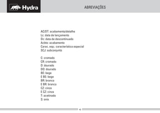 ABREVIAÇÕES
Lc: data de lançamento
Dc: data de descontinuado
Acbto: acabamento
Carac. esp.: característica especial
SCJ: subconjunto
C: cromado
CR: cromado
D: dourado
DO: dourado
BE: bege
E BE: bege
BR: branco
E BR: branco
CZ: cinza
E CZ: cinza
T: acetinado
S: onix
AC/DT: acabamento/detalhe
 