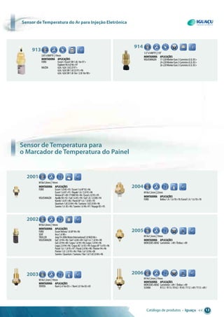 Catálogo de produtos • Iguaçu << 13
sensor de temperatura do ar para injeção eletrônica
Sensor de Temperatura para
o Marcador de Temperatura do Painel
3/8”x18NPTF|19mm
913
Montadora aplicações
FORD Escort/EscortSW1.8L16v97>
ExplorerV64.096>97
MAZDA 626/6261.8/2.097>
626/626SW1.8/2.091>96
626/626SW1.8i16v/2.0i16v98>
M10x1,0mm|14mm
2001
Ø6.30
C
H
Montadora aplicações
FORD Escort1.890>93/Escort1.6AP92>96
Escort1.687>91/Royale1.8/2.093>96
Verona87>89/F100094>96/Escort2.093>95
VOLKSWAGEN Apollo90>92/Gol1.685>94/Gol1.8/2.088>94
Kombi1.681>86/ParatiAP1.6/1.885>95
Quantum1.8/2.084>96/Santana1.8/2.084>96
Saveiro1.6 85>96/Saveiro1.696>97/Voyage85>95
1/2”x14NPTF|7/8”
M10x1,0mm|14mm
2002 C
H
Montadora aplicações
FORD EscortVerona1.8AP94>96
SEAT Inca1.698>
TROLLER JeepT4-2006MotorInternational3.0NGD06>
VOLKSWAGEN Gol1.094>96/Gol1.684>89/Gol1.6/1.894>98
Gol2.094>00/Logus1.694>96/Logus1.894>96
Logus2.094>96/LogusAE1.692>94/LogusAP1.693>96
Parati1.6/1.895>97/Parati2.096>98/Pointer94>96
Pointer1.8/2.093>96/Polo1.6/1.896>00
Saveiro/Quantum/Santana/Van1.6/1.8/2.084>96
M14x1,5mm|19mm
2003
6.30
C
H
Montadora aplicações
TOYOTA Rav42.416v05>/Rav42.016v03>05
914
Montadora aplicações
VOLKSWAGEN 17-220WorkerEuro3Cummins8.3L05>
24-220WorkerEuro3Cummins8.3L05>
26-220WorkerEuro3Cummins8.3L05>
M18x1,5mm|22mm
2004
6.30
C
H
Montadora aplicações
FORD Belina1.4/1.670>78/Corcel1.4/1.670>78
M14x1,5mm|19mm
2005
M4
C
H
Montadora aplicações
MERCEDES-BENZ Caminhões >89/Ônibus>89
M14x1,5mm|19mm
2006
M4
C
H
Montadora aplicações
MERCEDES-BENZ Caminhões>89/ Ônibus>89
SCANIA R112/ R113/R142/ R143/T112>89/T113>89/
 