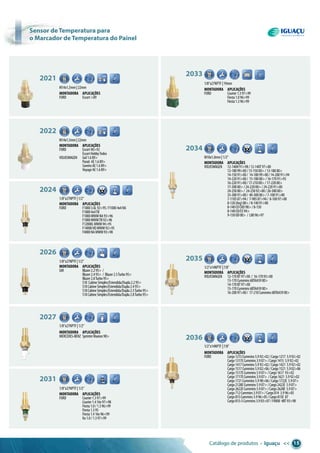 Catálogo de produtos • Iguaçu << 15
sensor de temperatura para
o marcador de temperatura do painel
M14x1,5mm|22mm
2021 6.30
C
H
Montadora aplicações
FORD Escort>89
1/8”x27NPTF|19mm
2033 C
H
Montadora aplicações
FORD Courier1.397>99
Fiesta1.096>99
Fiesta1.396>99
M10x1,0mm|1/2”
2034
Ø4.00
C
H
Montadora aplicações
VOLKSWAGEN 12-140H91>98/12-140T97>00
12-18099>00/13-15000>/13-18000>
14-15091>00/ 14-18099>00/14-20091>94
14-22091>00/ 15-18000>/16-17091>93
16-22091>00/17-21000>/17-22000>
17-30000>/24-22000>/24-22091>00
24-25000>/ 24-25092>00/26-30000>
35-30091>00/ 40-30000>/7-10091>00
7-110587>94/ 7-90587>94/ 8-10097>00
8-120(Arg)00>/8-14091>00
8-140COCKD98>/8-150
8-140CO/CE94>
9-150OD00> / L8096>97
1/2”x14NPTF|7/8”
2035
Ø4.00
C
H
Montadora aplicações
VOLKSWAGEN 12-170BT97>00 / 16-17093>00
13-170Cummins6BTAA5900>
14-170BT97>00
15-170Cummins6BTAA5900>
16-20097>00/ 17-210Cummins6BTAA5900>
1/2”x14NPTF|7/8”
2036
Ø4.00
C
H
Montadora aplicações
FORD Cargo1215Cummins5.992>02/Cargo1217 5.992>02
Cargo1317ECummins3.907>/Cargo1415 5.992>02
Cargo1417Cummins5.992>02/Cargo1421 5.992>02
Cargo1517Cummins5.902>06/Cargo1521 5.902>06
Cargo1517ECummins5.907>/Cargo1617 93>02
Cargo1717ECummins3.907> /Cargo1621 5.992>02
Cargo1721Cummins5.998>06/Cargo1722E 5.907>
Cargo2128ECummins5.907>/Cargo2422E 5.907>
Cargo2622ECummins5.907>/Cargo2628E 5.907>
Cargo712Cummins3.907>/Cargo814 3.996>05
Cargo815Cummins3.996>05/Cargo815E 07
Cargo815-SCummins3.903>07/F4000 4BT93>98
M14x1,5mm|22mm
2022 6.30
C
H
Montadora aplicações
FORD Escort90>92
EscortHobbyTodos
VOLKSWAGEN Gol1.689>
Parati AE1.689>
SaveiroAE1.689>
VoyageAE1.689>
1/8”x27NPTF|1/2”
2024 C
H Ø4.00
Montadora aplicações
FORD F10003.6L92>95/F10004x4NA
F10004x4TB
F1000MWMNA93>96
F1000MWMTB92>96
F12000LMWM94>95
F14000HDMWM92>95
F4000NAMWM93>98
1/8”x27NPTF|1/2”
2026 C
H
Ø6.30
Montadora aplicações
GM Blazer2.295> /
Blazer2.495> / Blazer2.5Turbo95>
Blazer2.8Turbo95>
S10 CabineSimples/Estendida/Dupla2.295>
S10CabineSimples/Estendida/Dupla2.495>
S10CabineSimples/Estendida/Dupla2.5Turbo95>
S10CabineSimples/Estendida/Dupla2.8Turbo95>
2027
1/8”x27NPTF|1/2”
6.30
C
H
Montadora aplicações
MERCEDES-BENZ SprinterMaxion98>
1/8”x27NPTF|1/2”
2031
M5
C
H
Montadora aplicações
FORD Courier1.397>99
Courier1.416v97>98
Fiesta1.0/1.396>99
Fiesta1.395
Fiesta1.416v96<99
Ka1.0/1.397>99
 