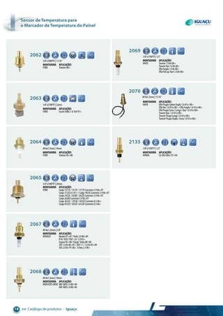 >> Catálogo de produtos • Iguaçu18
2062
Ø4.10
C
H
3/8”x18NPTF|11/16”
Montadora aplicações
FORD Tratores88>
2069
1/8”x17NPTF|1/2”
C
H
Montadora aplicações
HAFEI Towner1.08v08>
TownerVan1.08v08>
EffaFurgão1.08v08>
EffaPickupStart1.08v08>
2070
Montadora aplicações
HAFEI EffaPicapeCabineDupla1.047cv 08>
EffaVan1.047cv08>/EffaFurgão1.047cv08>
EffaPicapeCurta/Longa/Baú1.047cv08>
TownerBaú 1.047cv08>
TownerPicapeLonga1.047cv08>
TownerPicapeDupla/Curta1.047cv08>
2135
1/8”x17NPTF|1/2”
Montadora aplicações
HONDA Cb500500cc97>04
1/8”x27NPTF|22mm
2063 C
H
Montadora aplicações
FORD Escort(ARG)1.816V97>
M16x1,5mm|19mm
2064
6.30
C
H
Montadora aplicações
FORD Tratores83>88
M14x1,25mm|5/8”
M14x1,5mm|19mm
C
H
C
H
2065
3/4”x14NPTF|29mm
Ø4.00
C
H
Montadora aplicações
FORD Cargo1317E/1517E/1717ECummins3.906>07
Cargo1722E8.307>/Cargo1832ECummins5.906>07
Cargo2422E/2428E/2622ECummins5.906>07
Cargo2628ECummins5.906>07
Cargo2632E/ 2932E/4432ECummins8.306>
Cargo4532E/5032E/6332ECummins8.306>
2067
Montadora aplicações
RENAULT Master81>87/Trafic2.080>89
R18/R20/R30 1.8/2.083>
Espace85>88/Fuego Todos80>86
2051.68v86>87/3091.1/1.68v85>89
5052.08v79>86/ J5Box2.590>
2068
Montadora aplicações
MERCEDES-BENZ MB180D2.488>96
MB18002.488>96
M14x1,5mm|11/16”
C
H
C
H
6.30
6.30
Ø4.00
sensor de temperatura para
o marcador de temperatura do painel
 