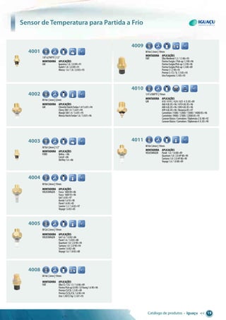 Catálogo de produtos • Iguaçu << 19
Sensor de Temperatura para Partida a Frio
1/8”x27NPTF|1/2”
4001
Ø6.30
Montadora aplicações
GM Ipanema1.8/2.089>91
Kadett1.8/2.089>91
Monza 1.6/1.8/2.083>93
M16x1,5mm|19mm
4009 6.30
Montadora aplicações
FIAT ElbaWeekend1.3/1.586>93
FiorinoFurgão/Pick-up1.390>96
FiorinoFurgão/Pick-up1.590>96
FiorinoFurgão/Pick-up1.388>89
PremioS1.390>93
PremioS/CS/SL1.585>93
UnoFurgoneta1.385>93
M14x1,5mm|22mm
4002
6.30
Montadora aplicações
GM ChevetteHatch/Sedan1.4/1.681>94
Chevy5001.4/1.681>94
Marajó5001.4/1.681>95
MonzaHatch/Sedan1.6/1.881>96
1/4”x18NPTF|19mm
4010
M4
Montadora aplicações
GM A10/A14C/A24/A25 4.1L85>89
A604.8L85>96/A704.8L85>96
A804.8L85>96/A904.8L85>96
A994.8L85>96/Bonanza85>97
Caminhões11000/12000/13000/1400085>96
Caminhões19000/21000/2200085>95
CaravanBásico/Comodoro/Diplomata2.5L80>92
CaravanBásico/Comodoro/Diplomata4.1L85>90
M10x1,0mm|1/2”
4003
Ø6.30
Montadora aplicações
FORD Belina >86
Corcel>86
DelRey1.6>86
M10x1,0mm|19mm
4011
6.30
Montadora aplicações
VOLKSWAGEN Parati 1.6/1.888>89
Quantum1.8/2.0AP88>90
Santana1.8/2.0AP88>90
Voyage1.6/1.888>89
M10x1,0mm|19mm
4004
6.30
Montadora aplicações
VOLKSWAGEN Fusca 160084>86
Fusca 160093>96
Gol1.683>97
Kombi1.693>98
Parati1.683>85
Saveiro1.3/1.683>97
Voyage1.683>85
M12x1,5mm|19mm
4005
6.30
Montadora aplicações
VOLKSWAGEN Gol1.6/1.882>86
Parati1.6/1.883>88
Quantum1.8/2.090>94
Santana1.8/2.090>94
Saveiro1.682>86
Voyage1.6/1.883>88
M14x1,5mm|19mm
4008 6.30
Montadora aplicações
FIAT ElbaCS/CSL1.5/1.686>89
FiorinoPick-upLXHD/LXYoung1.690>96
PremioCS/CSL1.585>89
PremioCS/SL/CSL1.690>94
Uno1.5R/CSTop1.587>93
 