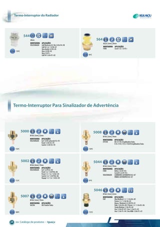 >> Catálogo de produtos • Iguaçu24
119ºC
95ºC
116ºC
112ºC
100ºC
110ºC
115ºC
97ºC
544
20mm
Montadora aplicações
VOLKSWAGEN GolfMexicanoGl/Glx2.08v94>98
GolfA41.6/1.898>01
NewBeetle2.099>05
Bora2.000>02
Bora2.007>
GolfA41.68v01>02
564
M22x1,5mm|29mm
Montadora aplicações
FORD Escort1.6/1.895>
M14x1,5mm|22mm
5000 6,30
Montadora aplicações
VOLKSWAGEN Gol1.0AECarburado92>95
Parati1.0AE92>95
Saveiro1.0AE92>95
M14x1,5mm|19mm
5008 6,30
Montadora aplicações
HYSTER 80J-H150JEmpilhadeiraTodos
H35/H45/H55/H60NEmpilhadeiraTodos
M14x1,5mm|19mm
5044 6,30
Montadora aplicações
FORD Belina1.6CHT78>
CorcelII1.6CHT78>
VOLKSWAGEN CAMINHÕESAUTOMÁTICO82>87
ÔNIBUSAUTOMÁTICO82>87
M16x1,5mm|22mm
5046 6.30
Montadora aplicações
FIAT ElbaWeekend1.3/1.58v86>89
Fiorino1.3/1.58v96>03
Marea/Weekend2.020V99>01
Palio1.08v96>00/Prêmio1.3/1.58v85>96
StradaWorking1.58v99>04
Uno1.08v85>87/Uno1.38v01>03
Uno1.58v91>94/UnoMille1.08v91>01
M10x1,0mm|19mm
5002 6,30
Montadora aplicações
VOLKSWAGEN Gol1.6AP82>83
Parati1.6/1.8AP86>86
Passat1.5/1.6/1.882>83
Saveiro1.6/1.8AP86>86
Voyage1.5/1.6/1.882>83
M10x1,5mm|19mm
5007 6,30
Montadora aplicações
VALTRA 985TratoresTodos
Termo-Interruptor Para Sinalizador de Advertência
termo-interruptor do Radiador
 