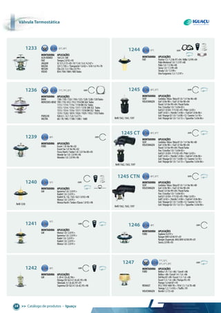 >> Catálogo de produtos • Iguaçu28
Refil1230
Refil1562,1563,1597
Refil1562,1563,1597
Refil1562,1563,1597
1233 82°C,88°C
Montadora aplicações
ALFAROMEO 1642.0>88
FIAT Tempra2.092>93
JAGUAR XJ125.372>83/XJ72.8/3.4/4.267>
MAZDA 3231.785>/Transporter1.682>/6161.674>78
NISSAN Clio2.8/3.3/Clio2.079>
VOLVO B54/F84/N84/N85Todos
1244 87°C com
Montadora aplicações
FIAT Fiorino1.5/1.38v97>04/Mille1.099>04
PalioWeekend1.0/1.597>00
Palio1.0/1.596>00
Siena1.0/1.599>00
Strada1.0/1.599>
UnoFurgoneta1.3/1.597>
1245 80°C,87°C com
Montadora aplicações
SEAT Cordoba/Ibiza/IbizaII1.0/1.416v96>00
VOLKSWAGEN Gol1.08v98>/Gol1.016v98>04
Parati1.016v99>04/ParatiTurbo
Fox/Crossfox1.0/1.68v03>
GolG31.0(EA-111)02>05/Polo1.603>
Golf1.602>/Kombi1.406>/GolG41.08v06>
Gol/VoyageG51.0/1.608>12/Saveiro1.610>
Gol/VoyageG61.0/1.613>/Spacefox1.68v06>
1245 ct 80°C,87°C com
Montadora aplicações
SEAT Cordoba/Ibiza/IbizaII1.0/1.416v96>00
VOLKSWAGEN Gol1.08v98>/Gol1.016v98>04
Parati1.016v99>04/ParatiTurbo
Fox/Crossfox1.0/1.68v03>
GolG31.0(EA-111)02>05/Polo1.603>
Golf1.602>/Kombi1.406>/GolG41.08v06>
Gol/VoyageG51.0/1.608>12/Saveiro1.610>
Gol/VoyageG61.0/1.613>/Spacefox1.68v06>
com1246 88°C
Montadora aplicações
FORD Explorer4.091>
RangerOHV4.0V697>01
Ranger(Supercab.4X4)OHV4.0V699>01
Sierra2.090>93
1247 77°C,82°C,
83°C,87°C,89°C
com
Montadora aplicações
FORD Belina1.4/1.6>86/ Corcel>86
Belina>86/Corcel1.4/1.6>86
DelRey87>89/Escort1.3/1.6>86
Escort1.3/1.6>86/Pampa93>95
Pampa1.64x487>93
RENAULT R12/R18140078>/R161.5/1.670>80
Twingo1.2/1.493>/Traffic/R1
VOLKSWAGEN Kombi1.372>83
1239 88°C com
Montadora aplicações
FORD Escort 1.816v96>02
EscortSw1.816v96>02
FocusHatch/Sedan1.8/2.016v00>05
MondeSw1.8/2.094>96
Mondeo1.8/2.094>96
80°C,87°C com
Montadora aplicações
SEAT Cordoba/Ibiza/IbizaII1.0/1.416v96>00
VOLKSWAGEN Gol1.08v98>/Gol1.016v98>04
Parati1.016v99>04/ParatiTurbo
Fox/Crossfox1.0/1.68v03>
GolG31.0(EA-111)02>05/Polo1.603>
Golf1.602>/Kombi1.406>/GolG41.08v06>
Gol/VoyageG51.0/1.608>12/Saveiro1.610>
Gol/VoyageG61.0/1.613>/Spacefox1.68v06>
1245 ctn
1240 92°C com
Montadora aplicações
GM Ipanema1.8/2.091>
Kadett1.8/2.091>
KadettSL/GL/SLE/GLS1.892>98
Monza1.8/2.091>
MonzaHacth/Sedan/Classic1.892>98
1241
92°C
com
Montadora aplicações
GM Monza1.8/2.091>
Ipanema1.8/2.091>
Kadet1.8/2.091>
Kadett1.8/2.091>
Monza1.8/2.091>
1242 80°C com
Montadora aplicações
GM C-204.1(6cil.)96>
OmegaCD/GLS4.1(6cil.)95>98
Silverado 4.1(6cil.)97>01
SupremaCD/GLS4.1(6cil.)95>98
Montadora aplicações
BMW 728i/730/732i/745i/525/528/528i/530Todos
MERCEDES-BENZ 709/710/812/912/914OM364 Todos
1113/1114/1116/1118OM352 Todos
1313/1314/1316/1317/1318 OM352 Todos
1513/1514/1516/1517/1518OM352 Todos
1519/1520/1819/1924/1929/1932/1933Todos
PORSCHE 9284.5 /4.7/5.0/5.477>
VALTRA 68/78/985/1180/1380/ 1680
1236 71°C,79°C,83°C com
Válvula termostática
 