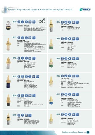 Catálogo de produtos • Iguaçu << 7
sensor de temperatura do Líquido de arrefecimento para injeção eletrônica
com
810
20mm
C
H
Montadora aplicações
VW Gol1.016V97>/Gol1.016VTurbo00>/Gol1.08v97>
GolMI1.08v97>04/Gol1.0Special97>05
GolG31.08v00>05/Golf1.8GLM/2.0GLX/GTI94>98
Parati1.016v97>04/Parati1.016vTurbo00>03
M12x1,5mm|19mm
817
Montadora aplicações
FORD Escort/EscortSw1.816v 98>00
Mondeo/MondeoSw98>99
MAZDA 62698>99
M12x1,5mm|19mm
818
Montadora aplicações
CITROEN Evasion2.094>
Jumper2.094>
Xantia1.6,1.8,2.093>
PEUGEOT 3061.893>
4051.8,2.093>
8062.094>
Boxer2.094>
M12x1,5mm|19mm
819
Montadora aplicações
CITROEN AX1.6/1.4GTI92>95
ZX1.4/1.6/1.8/1.991>
PEUGEOT 2051.491>94
6052.0/3.0 91>
M14x1,5mm|19mm
820
Montadora aplicações
ALFAROMEO 1002.591>94
AUDI Coupé2.0/2.2/2.385>88
BMW 7303.086>/ 7353.5 86>/7404.086>/7505.086>
FORD EscortRSTurbo1.685>86
SEAT Toledo1.8/2.091>
VOLKSWAGEN Golf 1.888>92/ GolfGTI2.016v95>00
M12x1,5mm|21mm
821
Montadora aplicações
ALFAROMEO 1552.016vTurbo92>97
FIAT Coupé1.8/2.016vTurbo93>
OPEL Astra1.8/2.016v92>/Calibra2.089>
Vectra2.094>95
OmegaBCaravan2.016v94>99
VOLVO 4601.6/1.8/1.789>96
4401.6/1.8/2.0/1.7Turbo88>96
M10x1,0mm|19mm
822
Montadora aplicações
SEAT Cordoba2.016v96>
Ibiza1.893>/Toledo1.691>
VOLKSWAGEN Golf1.8/2.090>92
Kombi1.6ieAr99>
Passat2.090>92
811
M12x1,5mm|25mm
Montadora aplicações
FORD Escort/Conversível1.6/1.8/2.0AP93>96
Pampa,Royalle,VeronaVersailles, 1.6/1.8/2.0AP 93>97
VW Gol1.0AE(CHT) 94>96
Gol1.6/1.8APCFi94>97 / Gol2.0APEFi94>97
LogusAP1.6/1.8CFi /Logus2.0AP94/97EFI 94>96
ParatiAP1.6/1.8CFi/ParatiePointer2.0APEFi 95>97
PointerAP2.0EFi 94>96
SantanaeQuantum1.8CFi/2.0EFi 94>97
812
3/8”x18nptf|25mm
Montadora aplicações
FORD ExplorerXLT4.0V692>95OHC
F1000eF40004.993>98Efi
Fiesta1.31995Gas.
Mondeo1.8/2.094>Zetec-E
Ranger4.0V694>95
Taurus94>95
M12x1,5mm|21mm
813 C
H
Montadora aplicações
FIAT Fiorino1.58VMPi04>04
Palio1.0Mpi98>
Palio1.5e1.6Mpi99>00
Siena1.0,1.5e1.68vMpi99>00
Strada1.5e1.68vMpi99>00
UnoFurgoneta1.58VMpi04>04
3/8”x18NPTF|19mm
814
Montadora aplicações
DAEWOO Espero1.8,2.0,2.294>
GM Monza2.08V92>96
OmegaCD3.899>
S10CabineSimples/Estendida/Dupla4.396>00
ISUZU Rodeo3.292>
19mm
815
Montadora aplicações
FORD Courier1.699>/ Ecosport1.003>04
Ecosport1.68v04>/EscortSW1.600>
Fiesta1.0,1.699>/ Focus1.616v03>
Ka1.099>/KaNovo1.0/1.608>
 