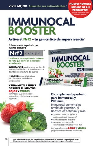 10 	 *	Estas declaraciones no han sido evaluadas por la Administración de Alimentos y Medicamentos (FDA). 		
		 Este producto no está destinado a diagnosticar, tratar, curar o prevenir ninguna enfermedad.
VIVIR MEJOR. Aumente sus antioxidantes.*
Activa el Nrf2 – tu gen crítico de supervivencia*
NUEVO NOMBRE
¡MISMO GRAN
PRODUCTO!
(Conocido anteriormente como
Immunocal Optimizer)
El Booster está impulsado por
nuestro exclusivo
contiene el interruptor más potente
de Nrf2 que existe en el mercado
actualmente:
SULFORAFANO o extracto de semillas de
brócoli. El sulforafano activa el sistema de
desintoxicación natural del cuerpo*
El SELENIO se une al glutatión
para fortalecer las defensas
antioxidantes*
Y UNA MEZCLA ÚNICA
DE SUPERALIMENTOS
ROJOS Y VERDES
con más de 50 polifenoles y
fitonutrientes de frutas y verduras
orgánicas
El complemento perfecto
para Immunocal y
Platinum:
Immunocal aumenta los
niveles de glutatión, el
Booster los optimiza, y más.*
•	 Aumenta todas las defensas
	 antioxidantes de tu cuerpo*
•	 Reduce el estrés oxidativo*
•	 Aumenta los efectos de
desintoxicación hasta 3 veces más*
Los superalimentos ROJOS Y VERDES
proporcionan nutrientes adicionales
 