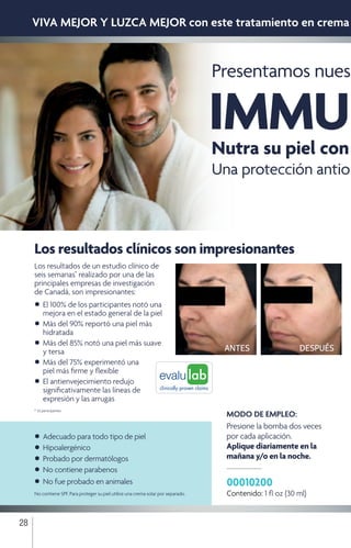 28
Los resultados de un estudio clínico de
seis semanas*
realizado por una de las
principales empresas de investigación
de Canadá, son impresionantes:
•		 El 100% de los participantes notó una 	
	mejora en el estado general de la piel
•		 Más del 90% reportó una piel más 	
	hidratada
•		 Más del 85% notó una piel más suave
	y tersa
•		 Más del 75% experimentó una
	piel más firme y flexible
•		 El antienvejecimiento redujo
	significativamente las líneas de
	expresión y las arrugas
* 22 participantes
•	Adecuado para todo tipo de piel
•	Hipoalergénico
•	Probado por dermatólogos
•	No contiene parabenos
•	No fue probado en animales
No contiene SPF. Para proteger su piel utilice una crema solar por separado.
	
Presentamos nues
Nutra su piel con
Una protección antio
VIVA MEJOR Y LUZCA MEJOR con este tratamiento en crema
MODO DE EMPLEO:
Presione la bomba dos veces
por cada aplicación.
Aplique diariamente en la
mañana y/o en la noche.
00010200
Contenido: 1 fl oz (30 ml)
IMMU
ANTES DESPUÉS
Los resultados clínicos son impresionantes
evalu lab
clinically proven claims
 