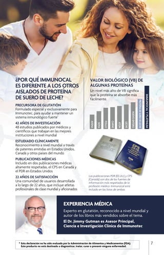 Las publicaciones PDR (EE.UU.) y CPS
(Canadá) son dos de las fuentes de
información más respetadas de la
profesión médica. Immunocal está
incluido en las listas de ambas.
EXPERIENCIA MÉDICA
Experto en glutatión, reconocido a nivel mundial y
autor de los libros más vendidos sobre el tema.
El Dr. Jimmy Gutman es Asesor Principal,
Ciencia e Investigación Clínica de Immunotec
7	 *	Esta declaración no ha sido evaluada por la Administración de Alimentos y Medicamentos (FDA).
		 Este producto no está destinado a diagnosticar, tratar, curar o prevenir ninguna enfermedad.
PRECURSORA DE GLUTATIÓN
Formulado especial y exclusivamente para
Immunotec, para ayudar a mantener un
sistema inmunológico fuerte*
42 AÑOS DE INVESTIGACIÓN
48 estudios publicados por médicos y
científicos que trabajan en las mejores
instituciones a nivel mundial
ESTUDIADO CLÍNICAMENTE
Reconocimiento a nivel mundial a través
de patentes emitidas en Estados Unidos,
Canadá y otros países del mundo
PUBLICACIONES MÉDICAS
Incluido en dos publicaciones médicas
altamente respetadas, el CPS en Canadá y
el PDR en Estados Unidos
22 AÑOS DE SATISFACCIÓN
Una comunidad de usuarios desarrollada
a lo largo de 22 años, que incluye atletas
profesionales de clase mundial y aficionados
¿POR QUÉ IMMUNOCAL
ES DIFERENTE A LOS OTROS
AISLADOS DE PROTEÍNA
DE SUERO DE LECHE?
VALOR BIOLÓGICO (VB) DE
ALGUNAS PROTEÍNAS
Un nivel más alto de VB significa
que la proteína se absorbe más
fácilmente.
AVENA
SOYA
POLLO
CARNE
ATÚN
LECHE
HUEVOENTERO
PROTEÍNADESUERODELECHE
IMMUNOCALYPLATINUM
 
