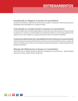 ENTRENAMIENTOS


Analizando tu Negocio (a lanzar en noviembre)
Conoce los beneficios y aprende las técnicas para analizar e interpretar información, para que
identifiques oportunidades en tu negocio Amway.


Calculando tu compensación (a lanzar en noviembre)
Conoce los diferentes incentivos disponibles en el Plan de Ventas y Mercadeo con los que Amway
recompensa tu esfuerzo y productividad. Esta información básica te servirá para proyectar tus
ingresos mes a mes y apoyar a tu grupo para alcanzar cada vez mejores resultados.


Colorea tu alimentación saludablemente (a lanzar en noviembre)
Conoce la importancia de los fitonutrientes y del consumo de los alimentos de los 5 grupos de
colores. Aprende cómo evaluar y recomendar una buena alimentación complementada con las
productos Nutrilite™.


Manejo de Objeciones (a lanzar en noviembre)
Aprende cómo al manejar de forma efectiva las objeciones incrementas tus oportunidades
para cerrar ventas y lograr clientes satisfechos.




                                                                                            15
 