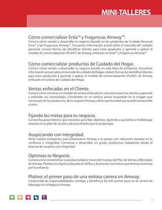 MINI-TALLERES

Cómo comercializar Ertia™ y Fragancias Amway™.
Conoce cómo vender y desarrollar tu negocio basado en los productos de Cuidado Personal
Ertia™ y las Fragancias Amway™. Encuentra información actual sobre el mercado del cuidado
personal, conoce formas de identificar clientes para estos productos y aprende a aplicar el
modelo de comercialización (PLAN1) de Amway enfocado en Ertia™ y Fragancias Amway™.


Cómo comercializar productos de Cuidado del Hogar.
Conoce cómo vender y desarrollar tu negocio basado en esta línea de productos. Encuentra
información actual sobre el mercado de cuidado del hogar, conoce formas de identificar clientes
para estos productos y aprende a aplicar el modelo de comercialización (PLAN1) de Amway
enfocado en la línea de Cuidado del Hogar.


Ventas enfocadas en el Cliente.
Conoce cómo construir un modelo de ventas enfocado en soluciones para tus clientes y aprende
a entender sus necesidades. Conviértete en un exitoso asesor basándote en la imagen que
construyes de tus productos, de tu negocio Amway y de la oportunidad que puedes presentarle
a otros.


Fijando las metas para tu negocio.
Conoce los pasos básicos que necesitas para fijar objetivos. Aprende a ajustarlos a medida que
avanzas en tu plan de acción y alcanza el éxito que te propongas.


Auspiciando con Integridad.
Atrae nuevos prospectos para Empresarios Amway a tu grupo, con relaciones basadas en la
confianza e integridad. Comienza a desarrollar un grupo productivo trabajando desde el
proceso de auspicio con integridad.


Optimiza tu Negocio.
Conoce cómo incrementar tu productividad a través del manejo del Plan de Ventas y Mercadeo
de Amway. Plantea tus objetivos basado en el Plan y alcanza los incentivos que Amway reconoce
por tu esfuerzo.


Platino: el primer paso de una exitosa carrera en Amway.
Comprende las responsabilidades, ventajas y beneficios de este primer paso en la carrera de
liderazgo en el Negocio Amway.



                                                                                             17
 