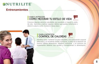 5
Charla Nutrición:
Cómo mejorar tu estilo de vida
Cononce algunas opciones saludables que ayudarán a mejorar tu estilo
de vida. Aprende a cambiar algunos hábitos que pueden enfermarte o
alterar tu salud a corto, mediano o largo plazo.
Charla Nutrición:
Control de calorías
Identifica cómo mantener un peso saludable, una composición corporal
adecuada y un excelente estado nutricional, a partir de la adopción de
buenos hábitos alimenticios, equilibrio nutricional y el consumo de
suplementos dietarios que ayuden a complementar tu alimentación.
Entrenamientos
 