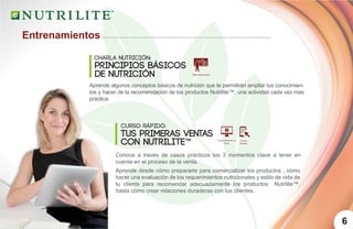 6
Entrenamientos
Charla Nutrición:
Principios Básicos
Aprende algunos conceptos básicos de nutrición que te permitirán ampliar tus conocimien-
tos y hacer de la recomendación de los productos Nutrilite™, una actividad cada vez más
práctica.
de Nutrición
Curso Rápido:
Tus primeras ventas
Conoce a través de casos prácticos los 3 momentos clave a tener en
cuenta en el proceso de la venta.
Aprende desde cómo prepararte para comercializar los productos , cómo
hacer una evaluación de los requerimientos nutricionales y estilo de vida de
tu cliente para recomendar adecuadamente los productos Nutrilite™,
hasta cómo crear relaciones duraderas con tus clientes.
con Nutrilite™
 