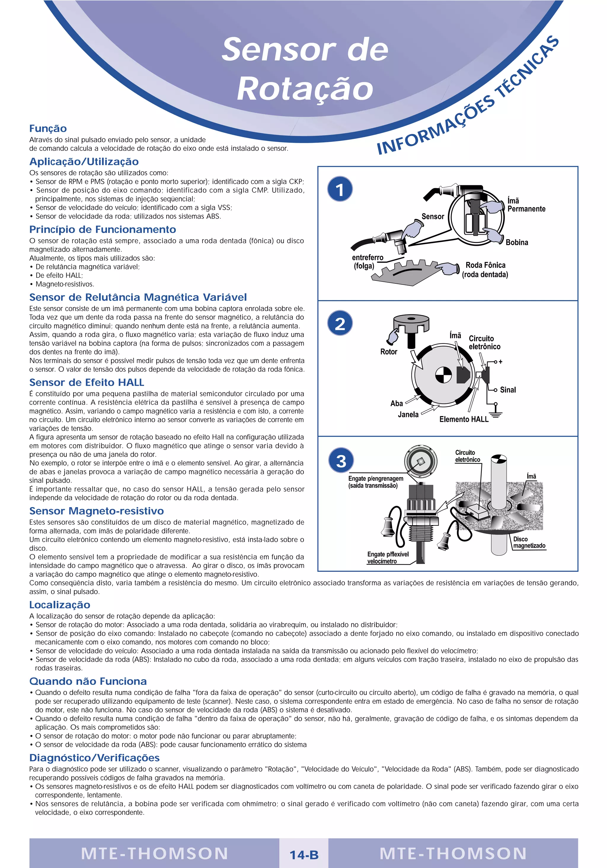 Sensor de




                                                                                                                                                                S
                                                                                                                                                             A
                                                                                                                                                         IC
                                                                                                                                                         CN
                                                               Rotação                                                                       S
                                                                                                                                                   T   É

                                                                                                                                      Ç   ÕE
Função                                                                                                                       A
                                                                                                                          RM
                                                                                                             INFO
Através do sinal pulsado enviado pelo sensor, a unidade
de comando calcula a velocidade de rotação do eixo onde está instalado o sensor.
Aplicação/Utilização
Os sensores de rotação são utilizados como:
• Sensor de RPM e PMS (rotação e ponto morto superior); identificado com a sigla CKP;
• Sensor de posição do eixo comando; identificado com a sigla CMP. Utilizado,
  principalmente, nos sistemas de injeção seqüencial;
                                                                                               1
• Sensor de velocidade do veículo; identificado com a sigla VSS;
• Sensor de velocidade da roda; utilizados nos sistemas ABS.
Princípio de Funcionamento
O sensor de rotação está sempre, associado a uma roda dentada (fônica) ou disco
magnetizado alternadamente.
Atualmente, os tipos mais utilizados são:
• De relutância magnética variável;
• De efeito HALL;
• Magneto-resistivos.
Sensor de Relutância Magnética Variável
Este sensor consiste de um imã permanente com uma bobina captora enrolada sobre ele.
Toda vez que um dente da roda passa na frente do sensor magnético, a relutância do
circuito magnético diminui; quando nenhum dente está na frente, a relutância aumenta.
Assim, quando a roda gira, o fluxo magnético varia; esta variação de fluxo induz uma
                                                                                               2
tensão variável na bobina captora (na forma de pulsos; sincronizados com a passagem
dos dentes na frente do imã).
Nos terminais do sensor é possível medir pulsos de tensão toda vez que um dente enfrenta
o sensor. O valor de tensão dos pulsos depende da velocidade de rotação da roda fônica.

Sensor de Efeito HALL
É constituído por uma pequena pastilha de material semicondutor circulado por uma
corrente contínua. A resistência elétrica da pastilha é sensível à presença de campo
magnético. Assim, variando o campo magnético varia a resistência e com isto, a corrente
no circuito. Um circuito eletrônico interno ao sensor converte as variações de corrente em
variações de tensão.
A figura apresenta um sensor de rotação baseado no efeito Hall na configuração utilizada
em motores com distribuidor. O fluxo magnético que atinge o sensor varia devido à
presença ou não de uma janela do rotor.
No exemplo, o rotor se interpõe entre o ímã e o elemento sensível. Ao girar, a alternância
de abas e janelas provoca a variação de campo magnético necessária à geração do
                                                                                               3
sinal pulsado.
É importante ressaltar que, no caso do sensor HALL, a tensão gerada pelo sensor
independe da velocidade de rotação do rotor ou da roda dentada.
Sensor Magneto-resistivo
Estes sensores são constituídos de um disco de material magnético, magnetizado de
forma alternada, com ímãs de polaridade diferente.
Um circuito eletrônico contendo um elemento magneto-resistivo, está insta-lado sobre o
disco.
O elemento sensível tem a propriedade de modificar a sua resistência em função da
intensidade do campo magnético que o atravessa. Ao girar o disco, os ímãs provocam
a variação do campo magnético que atinge o elemento magneto-resistivo.
Como conseqüência disto, varia também a resistência do mesmo. Um circuito eletrônico associado transforma as variações de resistência em variações de tensão gerando,
assim, o sinal pulsado.
Localização
A localização do sensor de rotação depende da aplicação:
• Sensor de rotação do motor: Associado a uma roda dentada, solidária ao virabrequim, ou instalado no distribuidor;
• Sensor de posição do eixo comando: Instalado no cabeçote (comando no cabeçote) associado a dente forjado no eixo comando, ou instalado em dispositivo conectado
  mecanicamente com o eixo comando, nos motores com comando no bloco;
• Sensor de velocidade do veículo: Associado a uma roda dentada instalada na saída da transmissão ou acionado pelo flexível do velocímetro;
• Sensor de velocidade da roda (ABS): Instalado no cubo da roda, associado a uma roda dentada; em alguns veículos com tração traseira, instalado no eixo de propulsão das
  rodas traseiras.
Quando não Funciona
• Quando o defeito resulta numa condição de falha "fora da faixa de operação" do sensor (curto-circuito ou circuito aberto), um código de falha é gravado na memória, o qual
  pode ser recuperado utilizando equipamento de teste (scanner). Neste caso, o sistema correspondente entra em estado de emergência. No caso de falha no sensor de rotação
  do motor, este não funciona. No caso do sensor de velocidade da roda (ABS) o sistema é desativado.
• Quando o defeito resulta numa condição de falha "dentro da faixa de operação" do sensor, não há, geralmente, gravação de código de falha, e os sintomas dependem da
  aplicação. Os mais comprometidos são:
• O sensor de rotação do motor: o motor pode não funcionar ou parar abruptamente;
• O sensor de velocidade da roda (ABS): pode causar funcionamento errático do sistema
Diagnóstico/Verificações
Para o diagnóstico pode ser utilizado o scanner, visualizando o parâmetro "Rotação", "Velocidade do Veículo", "Velocidade da Roda" (ABS). Também, pode ser diagnosticado
recuperando possíveis códigos de falha gravados na memória.
• Os sensores magneto-resistivos e os de efeito HALL podem ser diagnosticados com voltímetro ou com caneta de polaridade. O sinal pode ser verificado fazendo girar o eixo
  correspondente, lentamente.
• Nos sensores de relutância, a bobina pode ser verificada com ohmímetro; o sinal gerado é verificado com voltímetro (não com caneta) fazendo girar, com uma certa
  velocidade, o eixo correspondente.




                M TE -THOMSON                                                       14-B                     MTE- THOMS ON
 