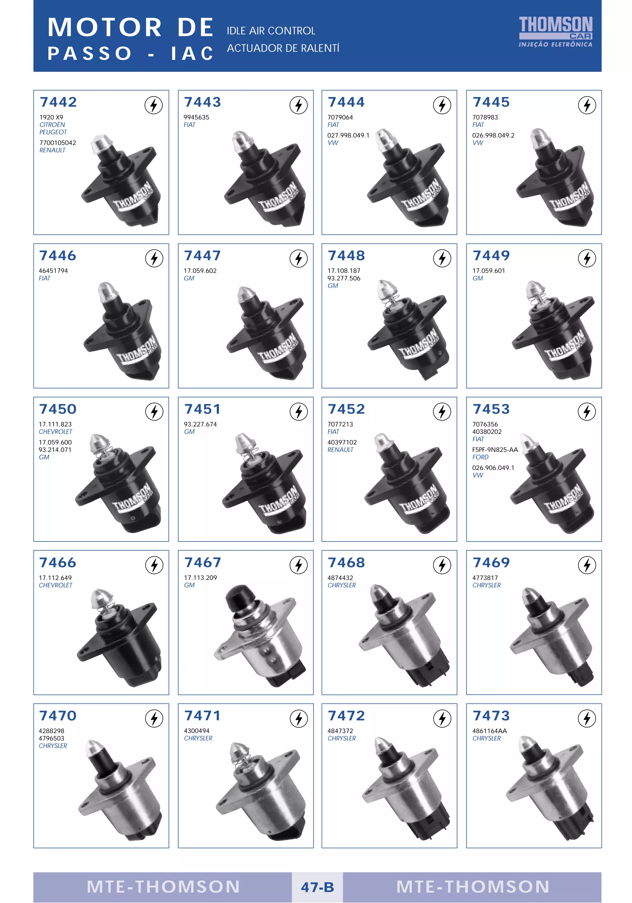 MOTOR DE                      IDLE AIR CONTROL
                                ACTUADOR DE RALENTÍ
  PA S S O - I A C

7442               7443                            7444                 7445
1920 X9            9945635                         7079064              7078983
CITROËN            FIAT                            FIAT                 FIAT
PEUGEOT                                            027.998.049.1        026.998.049.2
7700105042                                         VW                   VW
RENAULT




7446               7447                            7448                 7449
46451794           17.059.602                      17.108.187           17.059.601
FIAT               GM                              93.277.506           GM
                                                   GM




7450               7451                            7452                 7453
17.111.823         93.227.674                      7077213              7076356
CHEVROLET          GM                              FIAT                 40380202
17.059.600                                         40397102             FIAT
93.214.071                                         RENAULT              F5PF-9N825-AA
GM                                                                      FORD
                                                                        026.906.049.1
                                                                        VW




7466               7467                            7468                 7469
17.112.649         17.113.209                      4874432              4773817
CHEVROLET          GM                              CHRYSLER             CHRYSLER




7470               7471                            7472                 7473
4288298            4300494                         4847372              4861164AA
4796503            CHRYSLER                        CHRYSLER             CHRYSLER
CHRYSLER




             MTE-THOMSON                     47-B                  MTE-THOMSON
 