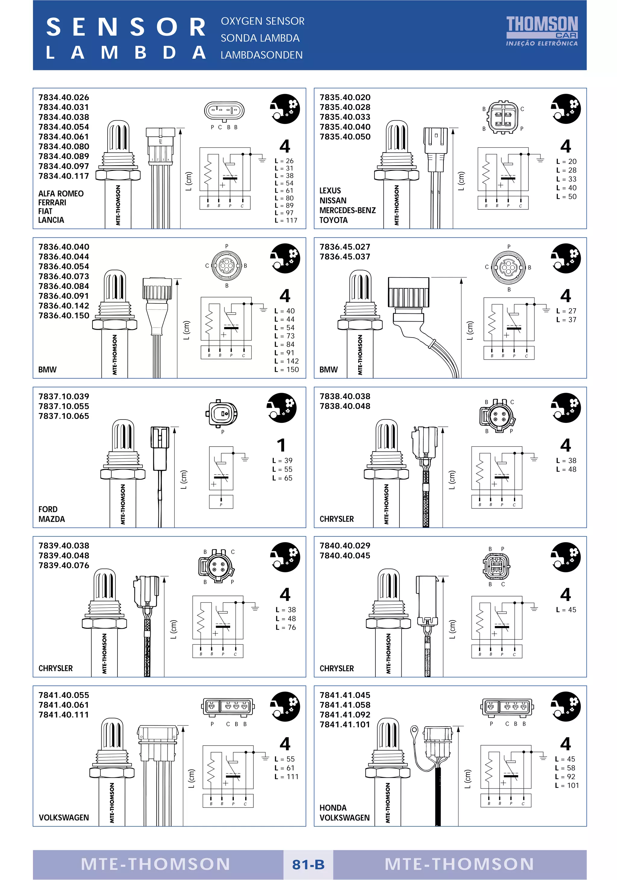 S E N S O R                                                OXYGEN SENSOR
                                                            SONDA LAMBDA
 L A M B D A                                                LAMBDASONDEN



7834.40.026                                                                                   7835.40.020
7834.40.031                                                                                   7835.40.028                                    B                                   C
7834.40.038                                                                                   7835.40.033
7834.40.054                                         P C B B                                   7835.40.040                                    B                                   P
7834.40.061                                                                                   7835.40.050
7834.40.080
7834.40.089
                                                                                     4                                                                                                        4
                                                                                    L = 26                                                                                                   L = 20
7834.40.097                                                                         L = 31                                                                                                   L = 28




                                                                                                                           L (cm)
                             L (cm)
7834.40.117                                                                         L = 38
                                                                                                                                                                                             L = 33
                                                                                    L = 54
                                                                                    L = 61    LEXUS                                                                                          L = 40
ALFA ROMEO                                                                          L = 80                                                                                                   L = 50
FERRARI                                                                                       NISSAN
                                                B       B           P       C       L = 89                                                   B           B           P           C
FIAT                                                                                L = 97    MERCEDES-BENZ
LANCIA                                                                              L = 117   TOYOTA


7836.40.040                                                     P                             7836.45.027                                                            P
7836.40.044                                                                                   7836.45.037
7836.40.054                                 C                                   B                                                            C                                           B
7836.40.073
7836.40.084                                                     B
                                                                                                                                                                     B
7836.40.091
7836.40.142
                                                                                     4                                                                                                        4
                                                                                    L = 40                                                                                                   L = 27
7836.40.150                                                                         L = 44                                                                                                   L = 37
                           L (cm)




                                                                                                                                L (cm)
                                                                                    L = 54
                                                                                    L = 73
                                                                                    L = 84
                                                B       B           P       C       L = 91                                                           B           B           P       C
                                                                                    L = 142
BMW                                                                                 L = 150   BMW


7837.10.039                                                                                   7838.40.038
                                                                                                                                             B                           C
7837.10.055                                                                                   7838.40.048
7837.10.065
                                                            P                                                                                B                           P


                                                                                    1                                                                                                         4
                                                                                    L = 39                                                                                                   L = 38
                                                                                    L = 55                                                                                                   L = 48
                          L (cm)




                                                                                                                  L (cm)


                                                                                    L = 65


                                                        P                                                                                B       B           P               C
FORD
MAZDA                                                                                         CHRYSLER


7839.40.038                                                                                   7840.40.029                                        B               P
                                            B                       C
7839.40.048                                                                                   7840.40.045
7839.40.076
                                            B                       P                                                                            B               C

                                                                                     4                                                                                                        4
                                                                                     L = 38                                                                                                  L = 45
                                                                                     L = 48
                                                                                                                  L (cm)
                 L (cm)




                                                                                     L = 76


                                        B           B       P           C                                                                B       B               P           C


CHRYSLER                                                                                      CHRYSLER


7841.40.055                                                                                   7841.41.045
7841.40.061                                                                                   7841.41.058
7841.40.111                                                                                   7841.41.092
                                                    P           C B B                         7841.41.101                                            P               C B B



                                                                                     4                                                                                                        4
                                                                                    L = 55                                                                                                   L = 45
                                                                                    L = 61                                                                                                   L = 58
                               L (cm)




                                                                                                                               L (cm)




                                                                                    L = 111                                                                                                  L = 92
                                                                                                                                                                                             L = 101

                                                    B       B           P       C                                                                B           B           P       C
                                                                                              HONDA
VOLKSWAGEN                                                                                    VOLKSWAGEN




           MTE-THOMSON                                                                   81-B                 MTE-THOMSON
 