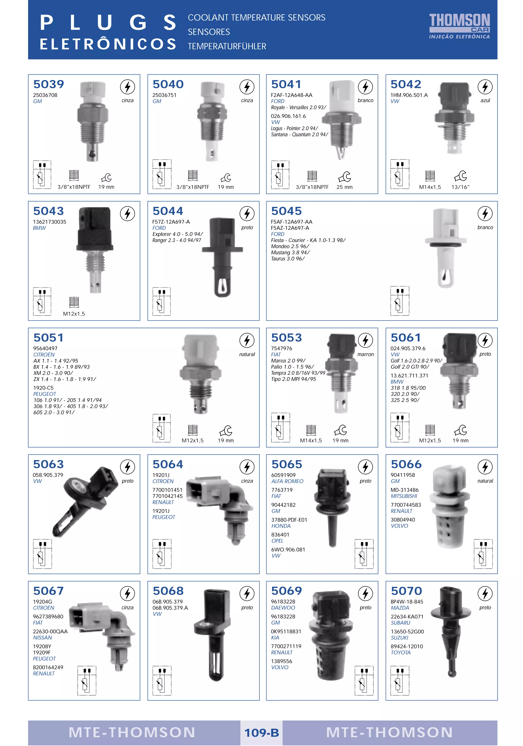 P L U G S                                                   COOLANT TEMPERATURE SENSORS
                                                              SENSORES
  ELETRÔNICOS                                                 TEMPERATURFÜHLER



5039                                           5040                                       5041                                            5042
25036708                                       25036751                                   F2AF-12A648-AA                                  1HM.906.501.A
GM                                     cinza   GM                               cinza     FORD                                   branco   VW                                   azul
                                                                                          Royale - Versailles 2.0 93/
                                                                                          026.906.161.6
                                                                                          VW
                                                                                          Logus - Pointer 2.0 94/
                                                                                          Santana - Quantum 2.0 94/




           3/8"x18NPTF         19 mm                     3/8"x18NPTF    19 mm                         3/8"x18NPTF        25 mm                         M14x1,5       13/16"



5043                                           5044                                       5045
13621730035                                    F57Z-12A697-A                              F5AF-12A697-AA
BMW                                            FORD                             preto     F5AZ-12A697-A                                                                       branco
                                               Explorer 4.0 - 5.0 94/                     FORD
                                               Ranger 2.3 - 4.0 94/97                     Fiesta - Courier - KA 1.0-1.3 98/
                                                                                          Mondeo 2.5 96/
                                                                                          Mustang 3.8 94/
                                                                                          Taurus 3.0 96/




             M12x1,5



5051                                                                                      5053                                            5061
95640497                                                                                  7547976                                         024.905.379.6
CITROËN                                                                         natural   FIAT                                   marron   VW                                  preto
AX 1.1 - 1.4 92/95                                                                        Marea 2.0 99/                                   Golf 1.6-2.0-2.8-2.9 90/
BX 1.4 - 1.6 - 1.9 89/93                                                                  Palio 1.0 - 1.5 96/                             Golf 2.0 GTI 90/
XM 2.0 - 3.0 90/                                                                          Tempra 2.0 8/16V 93/99                          13.621.711.371
ZX 1.4 - 1.6 - 1.8 - 1.9 91/                                                              Tipo 2.0 MPI 94/95                              BMW
1920-C5                                                                                                                                   318 1.8 95/00
PEUGEOT                                                                                                                                   320 2.0 90/
106 1.0 91/ - 205 1.4 91/94                                                                                                               325 2.5 90/
306 1.8 93/ - 405 1.8 - 2.0 93/
605 2.0 - 3.0 91/




                                                           M12x1,5      19 mm                           M14x1,5         19 mm                          M12x1,5       19 mm



5063                                           5064                                       5065                                            5066
058.905.379                                    19201J                                     60591909                                        90411958
VW                                     preto   CITROËN                          cinza     ALFA ROMEO                             preto    GM                                  natural
                                               7700101451                                 7763719                                         MD-313486
                                               7701042145                                 FIAT                                            MITSUBISHI
                                               RENAULT                                    90442182                                        7700744583
                                               19201J                                     GM                                              RENAULT
                                               PEUGEOT                                    37880-PDF-E01                                   30804940
                                                                                          HONDA                                           VOLVO
                                                                                          836401
                                                                                          OPEL
                                                                                          6WO.906.081
                                                                                          VW




5067                                           5068                                       5069                                            5070
19204G                                         06B.905.379                                96183228                                        BP4W-18-845
CITROËN                                cinza   06B.905.379.A                    preto     DAEWOO                                 preto    MAZDA                               preto
9627389680                                     VW                                         96183228                                        22634-KA071
FIAT                                                                                      GM                                              SUBARU
22630-00QAA                                                                               0K95118831                                      13650-52G00
NISSAN                                                                                    KIA                                             SUZUKI
19208Y                                                                                    7700271119                                      89424-12010
19209F                                                                                    RENAULT                                         TOYOTA
PEUGEOT                                                                                   1389556
8200164249                                                                                VOLVO
RENAULT




               MTE-THOMSON                                                        109-B                                 MTE-THOMSON
 