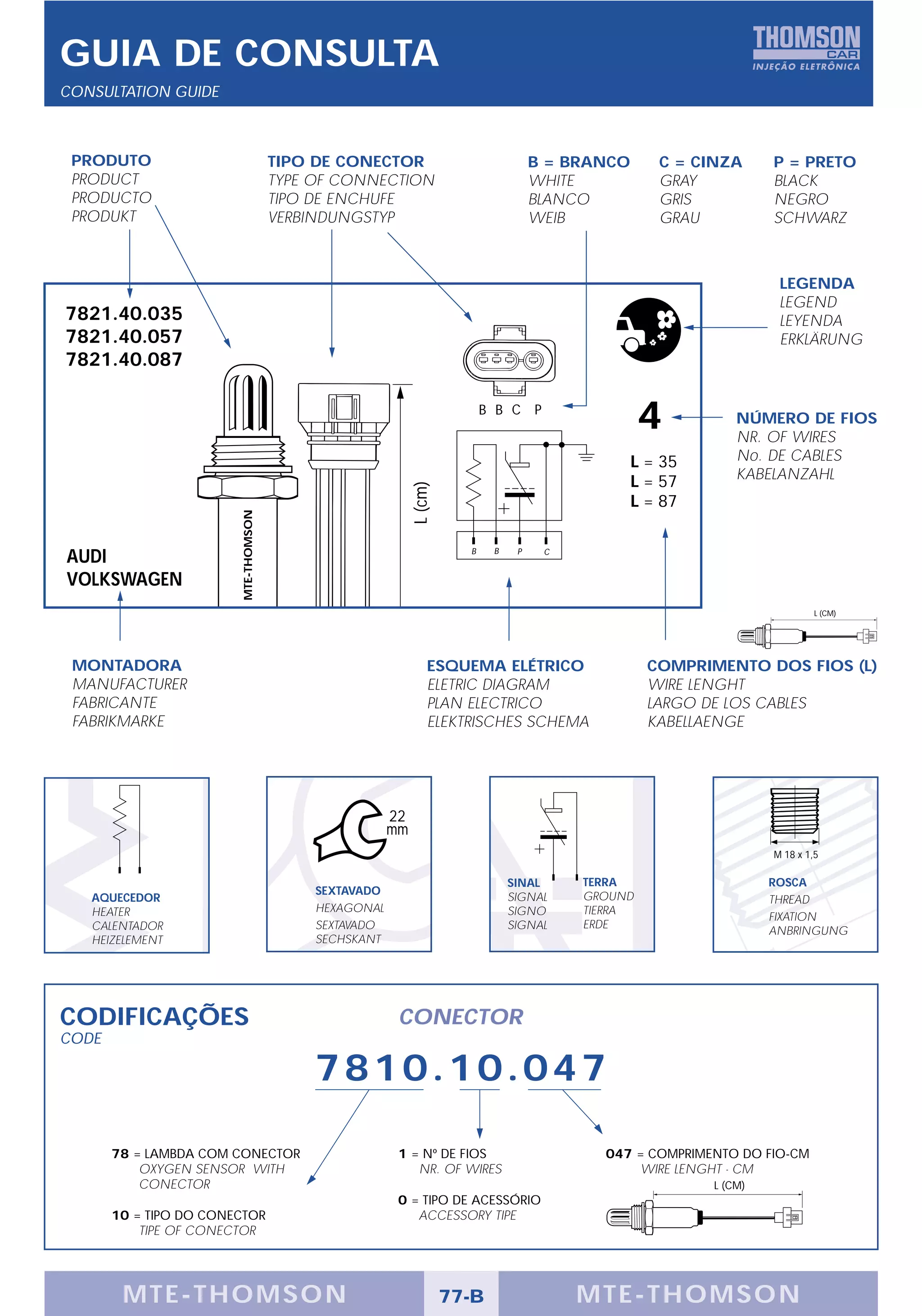 GUIA DE CONSULTA
CONSULTATION GUIDE



 PRODUTO                              TIPO DE CONECTOR                               B = BRANCO      C = CINZA      P = PRETO
 PRODUCT                              TYPE OF CONNECTION                             WHITE           GRAY           BLACK
 PRODUCTO                             TIPO DE ENCHUFE                                BLANCO          GRIS           NEGRO
 PRODUKT                              VERBINDUNGSTYP                                 WEIB            GRAU           SCHWARZ



                                                                                                                     LEGENDA
                                                                                                                     LEGEND
7821.40.035                                                                                                          LEYENDA
7821.40.057                                                                                                          ERKLÄRUNG
7821.40.087

                                                                           B B C P
                                                                                                   4           NÚMERO DE FIOS
                                                                                                               NR. OF WIRES
                                                                                                  L = 35       No. DE CABLES
                                                                                                  L = 57       KABELANZAHL
                                                            L (cm)



                                                                                                  L = 87
                        MTE-THOMSON




                                                                       B    B
AUDI                                                                             P    C


VOLKSWAGEN
                                                                                                                             L (CM)




 MONTADORA                                                      ESQUEMA ELÉTRICO                    COMPRIMENTO DOS FIOS (L)
 MANUFACTURER                                                   ELETRIC DIAGRAM                     WIRE LENGHT
 FABRICANTE                                                     PLAN ELECTRICO                      LARGO DE LOS CABLES
 FABRIKMARKE                                                    ELEKTRISCHES SCHEMA                 KABELLAENGE




                                                       22
                                                       mm
                                                                                                                    M 18 x 1,5

                                                                                SINAL     TERRA                     ROSCA
                                           SEXTAVADO                                      GROUND
   AQUECEDOR                                                                    SIGNAL                              THREAD
   HEATER                                  HEXAGONAL                            SIGNO     TIERRA
                                                                                                                    FIXATION
   CALENTADOR                              SEXTAVADO                            SIGNAL    ERDE
                                                                                                                    ANBRINGUNG
   HEIZELEMENT                             SECHSKANT




CODIFICAÇÕES                                            CONECTOR
CODE

                                           7810.10.047

       78 = LAMBDA COM CONECTOR                         1 = Nº DE FIOS                      047 = COMPRIMENTO DO FIO-CM
           OXYGEN SENSOR WITH                              NR. OF WIRES                         WIRE LENGHT - CM
           CONECTOR                                                                                        L (CM)
                                                        0 = TIPO DE ACESSÓRIO
       10 = TIPO DO CONECTOR                               ACCESSORY TIPE
           TIPE OF CONECTOR




        MTE-THOMSON                                                  77-B                 MTE-THOMSON
 