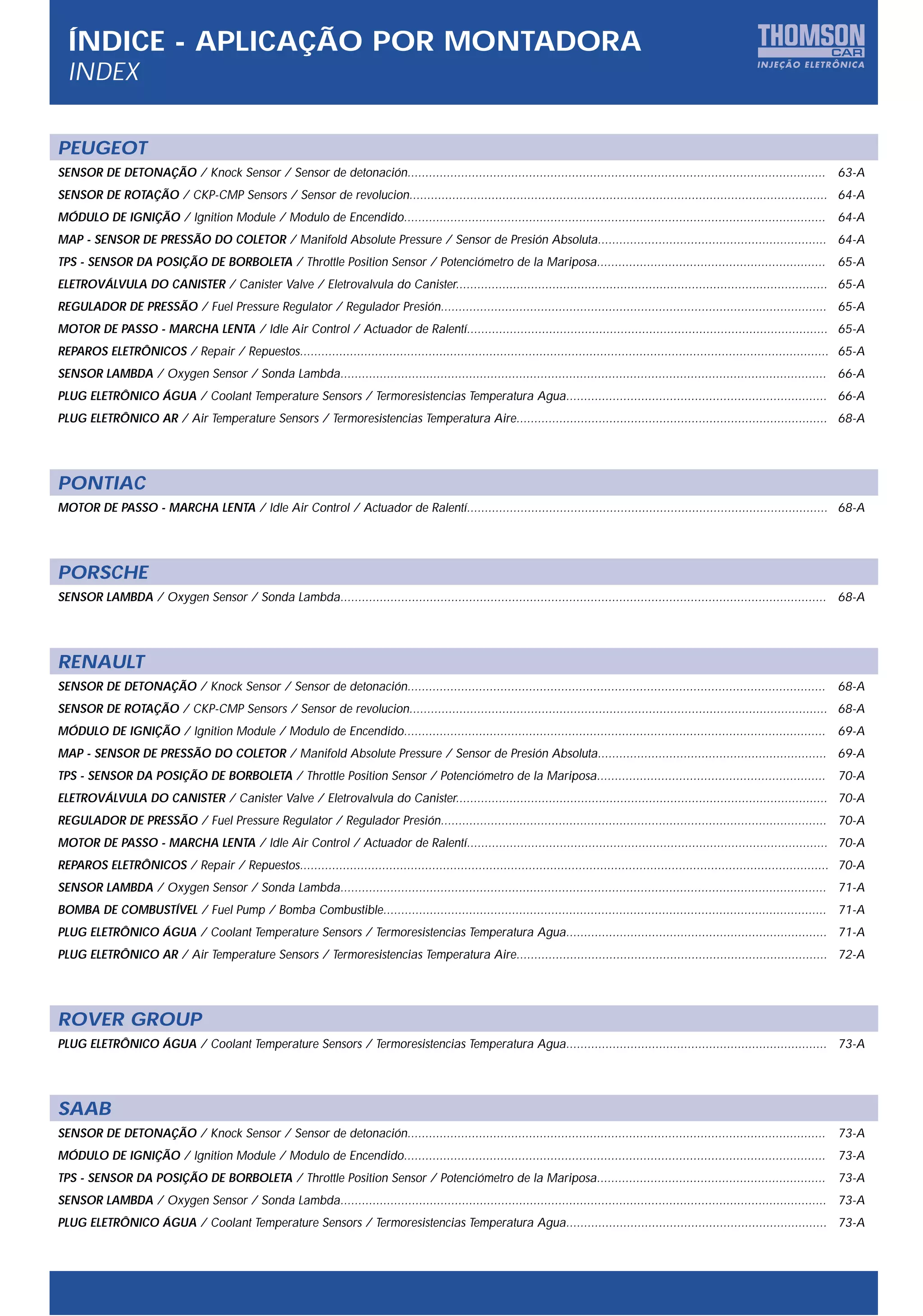 ÍNDICE - APLICAÇÃO POR MONTADORA
  INDEX

PEUGEOT
SENSOR DE DETONAÇÃO / Knock Sensor / Sensor de detonación..................................................................................................................... 63-A
SENSOR DE ROTAÇÃO / CKP-CMP Sensors / Sensor de revolucion..................................................................................................................... 64-A
MÓDULO DE IGNIÇÃO / Ignition Module / Modulo de Encendido...................................................................................................................... 64-A
MAP - SENSOR DE PRESSÃO DO COLETOR / Manifold Absolute Pressure / Sensor de Presión Absoluta................................................................ 64-A
TPS - SENSOR DA POSIÇÃO DE BORBOLETA / Throttle Position Sensor / Potenciómetro de la Mariposa................................................................ 65-A
ELETROVÁLVULA DO CANISTER / Canister Valve / Eletrovalvula do Canister........................................................................................................ 65-A
REGULADOR DE PRESSÃO / Fuel Pressure Regulator / Regulador Presión............................................................................................................ 65-A
MOTOR DE PASSO - MARCHA LENTA / Idle Air Control / Actuador de Ralentí..................................................................................................... 65-A
REPAROS ELETRÔNICOS / Repair / Repuestos.................................................................................................................................................... 65-A
SENSOR LAMBDA / Oxygen Sensor / Sonda Lambda........................................................................................................................................ 66-A
PLUG ELETRÔNICO ÁGUA / Coolant Temperature Sensors / Termoresistencias Temperatura Agua......................................................................... 66-A
PLUG ELETRÔNICO AR / Air Temperature Sensors / Termoresistencias Temperatura Aire....................................................................................... 68-A




PONTIAC
MOTOR DE PASSO - MARCHA LENTA / Idle Air Control / Actuador de Ralentí..................................................................................................... 68-A




PORSCHE
SENSOR LAMBDA / Oxygen Sensor / Sonda Lambda........................................................................................................................................ 68-A




RENAULT
SENSOR DE DETONAÇÃO / Knock Sensor / Sensor de detonación..................................................................................................................... 68-A
SENSOR DE ROTAÇÃO / CKP-CMP Sensors / Sensor de revolucion..................................................................................................................... 68-A
MÓDULO DE IGNIÇÃO / Ignition Module / Modulo de Encendido...................................................................................................................... 69-A
MAP - SENSOR DE PRESSÃO DO COLETOR / Manifold Absolute Pressure / Sensor de Presión Absoluta................................................................ 69-A
TPS - SENSOR DA POSIÇÃO DE BORBOLETA / Throttle Position Sensor / Potenciómetro de la Mariposa................................................................ 70-A
ELETROVÁLVULA DO CANISTER / Canister Valve / Eletrovalvula do Canister........................................................................................................ 70-A
REGULADOR DE PRESSÃO / Fuel Pressure Regulator / Regulador Presión............................................................................................................ 70-A
MOTOR DE PASSO - MARCHA LENTA / Idle Air Control / Actuador de Ralentí..................................................................................................... 70-A
REPAROS ELETRÔNICOS / Repair / Repuestos.................................................................................................................................................... 70-A
SENSOR LAMBDA / Oxygen Sensor / Sonda Lambda........................................................................................................................................ 71-A
BOMBA DE COMBUSTÍVEL / Fuel Pump / Bomba Combustible............................................................................................................................ 71-A
PLUG ELETRÔNICO ÁGUA / Coolant Temperature Sensors / Termoresistencias Temperatura Agua......................................................................... 71-A
PLUG ELETRÔNICO AR / Air Temperature Sensors / Termoresistencias Temperatura Aire....................................................................................... 72-A




ROVER GROUP
PLUG ELETRÔNICO ÁGUA / Coolant Temperature Sensors / Termoresistencias Temperatura Agua......................................................................... 73-A




SAAB
SENSOR DE DETONAÇÃO / Knock Sensor / Sensor de detonación..................................................................................................................... 73-A
MÓDULO DE IGNIÇÃO / Ignition Module / Modulo de Encendido...................................................................................................................... 73-A
TPS - SENSOR DA POSIÇÃO DE BORBOLETA / Throttle Position Sensor / Potenciómetro de la Mariposa................................................................ 73-A
SENSOR LAMBDA / Oxygen Sensor / Sonda Lambda........................................................................................................................................ 73-A
PLUG ELETRÔNICO ÁGUA / Coolant Temperature Sensors / Termoresistencias Temperatura Agua......................................................................... 73-A
 