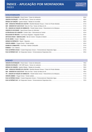 ÍNDICE - APLICAÇÃO POR MONTADORA
  INDEX

VOLKSWAGEN
SENSOR DE DETONAÇÃO / Knock Sensor / Sensor de detonación..................................................................................................................... 80-A
SENSOR DE ROTAÇÃO / CKP-CMP Sensors / Sensor de revolucion....................................................................................................................                            80-A
MÓDULO DE IGNIÇÃO / Ignition Module / Modulo de Encendido...................................................................................................................... 80-A
MAP - SENSOR DE PRESSÃO DO COLETOR / Manifold Absolute Pressure / Sensor de Presión Absoluta................................................................ 81-A
MAF - MEDIDOR DE FLUXO DE AR / Mass Air Flow / Sensor de Massa de Ar...................................................................................................... 81-A
TPS - SENSOR DA POSIÇÃO DE BORBOLETA / Throttle Position Sensor / Potenciómetro de la Mariposa................................................................ 82-A
SENSOR DE VELOCIDADE / Speed Sensor/Sensor de Velocidad.........................................................................................................................                          82-A
ELETROVÁLVULA DO CANISTER / Canister Valve / Eletrovalvula do Canister.......................................................................................................                             82-A
REGULADOR DE PRESSÃO / Fuel Pressure Regulator / Regulador Presión............................................................................................................ 83-A
MOTOR DE PASSO - MARCHA LENTA / Idle Air Control / Actuador de Ralentí....................................................................................................                                83-A
KIT DE JUNTAS / Gasket / Repuesto.................................................................................................................................................................. 83-A
REPAROS ELETRÔNICOS / Repair / Repuestos...................................................................................................................................................               84-A
SENSOR LAMBDA / Oxygen Sensor / Sonda Lambda........................................................................................................................................ 85-A
BOMBA DE COMBUSTÍVEL / Fuel Pump / Bomba Combustible............................................................................................................................ 87-A
BOBINAS / Coil / Bobinas...............................................................................................................................................................................   87-A
PLUG ELETRÔNICO ÁGUA / Coolant Temperature Sensors / Termoresistencias Temperatura Agua........................................................................                                           87-A
PLUG ELETRÔNICO AR / Air Temperature Sensors / Termoresistencias Temperatura Aire......................................................................................                                   89-A




VOLVO
SENSOR DE DETONAÇÃO / Knock Sensor / Sensor de detonación..................................................................................................................... 90-A
SENSOR DE ROTAÇÃO / CKP-CMP Sensors / Sensor de revolucion..................................................................................................................... 90-A
MÓDULO DE IGNIÇÃO / Ignition Module / Modulo de Encendido...................................................................................................................... 90-A
MAP - SENSOR DE PRESSÃO DO COLETOR / Manifold Absolute Pressure / Sensor de Presión Absoluta................................................................ 90-A
MAF - MEDIDOR DE FLUXO DE AR / Mass Air Flow / Sensor de Massa de Ar...................................................................................................... 90-A
TPS - SENSOR DA POSIÇÃO DE BORBOLETA / Throttle Position Sensor / Potenciómetro de la Mariposa................................................................ 91-A
SENSOR LAMBDA / Oxygen Sensor / Sonda Lambda........................................................................................................................................ 91-A
PLUG ELETRÔNICO ÁGUA / Coolant Temperature Sensors / Termoresistencias Temperatura Agua......................................................................... 91-A
PLUG ELETRÔNICO AR / Air Temperature Sensors / Termoresistencias Temperatura Aire......................................................................................                                   92-A
 