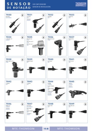 SENS OR                             CKP-CMP SENSORS
                                      SENSOR DE REVOLUCIÓN
  D E R O TA Ç Ã O

7030                    7031                            7032                  7033
5944390                 7547235                         4460206               46445731
ALFA ROMEO              FIAT                            FIAT                  FIAT
                        7547235
                        RENAULT




7034                    7035                            7036                  7037
7.700.855.719           095.927.321                     89BF-6C315-AC         90.232.732
RENAULT                 AUDI                            FORD                  GM
                        095.927.321 A
                        SEAT
                        095.927.321 C
                        VW




7038                    7039                            7040                  7041
928F-12K073-A1C         0K08A-18-891                    46774532              90.213.515
FORD                    KIA                             FIAT                  GM




7042                    7043                            7044                  7045
7756925                 7756924                         591880                1920 5T
FIAT                    FIAT                            CITROËN               CITROËN
                                                        0.261.210.083         1920 5T
                                                        GM                    PEUGEOT
                                                        0K04G-18-891
                                                        KIA
                                                        39180-22001
                                                        HYUNDAI
                                                        5918.80
                                                        PEUGEOT




7046                    7047                            7048                  7049
96085170                46472687                        90.357.491            06A.906.433
CITROËN                 ALFA ROMEO                      GM                    VW
1920 4A                 60513208
PEUGEOT                 FIAT
                        0K2A6-18-891
                        KIA
                        1367645-7
                        VOLVO




                M TE -THOMSON                     15-B                  MTE- THOMS ON
 