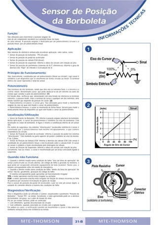 Sensor de Posição




                                                                                                                                     S
                                                                                                                                 A
                                                                                                                               IC
                                            da Borboleta                                                                  T   É CN
                                                                                                                      S
                                                                                                               Ç   ÕE
Função                                                                                                     A
                                                                                                        RM
                                                                                                 INFO
São utilizados para determinar a posição angular do
eixo de um componente mecânico ou a posição linear da haste
de uma válvula. A posição angular é detectada por um potenciômetro circular e a
posição linear, por um potenciômetro linear.

Aplicação
Nos sistemas de eletrônica embarcada encontram aplicação, entre outras, como:
                                                                                             1
• Sensor de posição da borboleta - TPS (circular).
• Sensor de posição do pedal do acelerador.
• Sensor de posição da válvula EGR (linear).
• Sensor de posição da suspensão. Informa a altura do veículo com relação ao piso.
• Sensor de posição de portinholas (sistemas de A/C eletrônicos): Informa o grau de
  abertura dos "flaps" de entrada e recirculação de ar.

Princípio de Funcionamento
São, basicamente, constituídos por um potenciômetro (linear ou circular), cujo cursor é
solidário a um dispositivo que se movimenta de forma circular ou linear. O terminal
elétrico do cursor representa o sinal do sensor.

Potenciômetro
São resistores de três terminais, sendo que dois são os extremos fixos, e o terceiro é o
central, móvel, denominado cursor, que pode deslocar-se de um extremo ao outro do
resistor (que constitui a pista do potenciômetro). (1)
Em função disto, verifica-se que, alimentando com uma tensão de referência os terminais
extremos, é possível medir, entre o terminal do cursor e qualquer um dos extremos, uma
tensão variável que depende da posição do cursor. (2)
• Potenciômetros circulares: o cursor gira. São utilizados para medir o movimento
angular do eixo ao qual está fixado o cursor do potenciômetro.
• Potenciômetros lineares: o cursor se movimenta de forma linear. Servem para medir o
                                                                                             2
deslocamento linear do dispositivo ao qual está fixado o cursor do potenciômetro.

Localização/Utilização
• Sensor de Posição da Borboleta - TPS: Informa a posição angular (abertura) da borboleta.
Nesta aplicação, o cursor do potenciômetro é solidário ao eixo da borboleta. Está
localizado no corpo da borboleta. A figura 3 mostra a constituição interna de um sensor
TPS.
Por motivo de segurança, nos sistemas "drive-by-wire" (acelerador eletrônico) o sensor é
constituído por 2 potenciômetros num mesmo encapsulamento, o que confere
redundância ao circuito.
• Sensor de Posição do pedal do acelrador: Informa a posição do pedal nos sistemas
"drive-by-wire". Está montado na parte superior do pedal e solidário ao eixo do mesmo.
É de 2 pistas.
• Sensor de Posição da Válvula EGR: Informa a abertura da válvula EGR. Este sensor é
constituído de um potenciômetro linear e está localizado sobre a válvula EGR. O cursor
do sensor é solidário a haste movimentada pelo diafragma da válvula.
• Sensor de Posição da Suspensão: Informa a altura do veículo com relação ao piso.
Geralmente, fixo ao chassi; o cursor é movimentado por um braço articulado ligado à
suspensão.

Quando não Funciona
• Quando o defeito resulta numa condição de falha "fora da faixa de operação" do
sensor (curto-circuito ou circuito aberto), um código de falha é gravado na memória, o       3
qual pode ser recuperado utilizando equipamento de teste (scanner). Neste caso, o
sistema correspondente entra em estado de emergência.
• Quando o defeito resulta numa condição de falha "dentro da faixa de operação" do
sensor, não há, geralmente, gravação de código de falha.
   O sistema correspondente pode apresentar um funcionamento irregular:
TPS: o motor apresenta marcha lenta irregular ou oscilante
EGR: o motor apresenta marcha lenta irregular em função de mistura incorreta ou falta
de potência por excessiva recirculação de gases de escape.
Para o sensor de posição do pedal do acelerador e por ser este um sensor duplo, a
unidade de comando detecta a maioria das condições de falha.

Diagnóstico/Verificação
Para o diagnóstico pode ser utilizado o scanner, visualizando o parâmetro "Posição da
Borboleta", "Sensor TPS", ou similar. Geralmente, o valor apresentado pode ser a abertura
da borboleta, em graus, ou o valor de tensão do sinal.
Por ser um resistor variável, pode ser verificado:
• Com ohmímetro, quando desconectado do circuito.
• Com voltímetro, quando conectado ao circuito com a ignição ligada.
Em ambos os casos, a verificação consiste em movimentar o cursor e não observar
nenhuma variação brusca de resistência ou tensão.




                MTE-THOMSON                                                         31-B         MTE-THOMSON
 